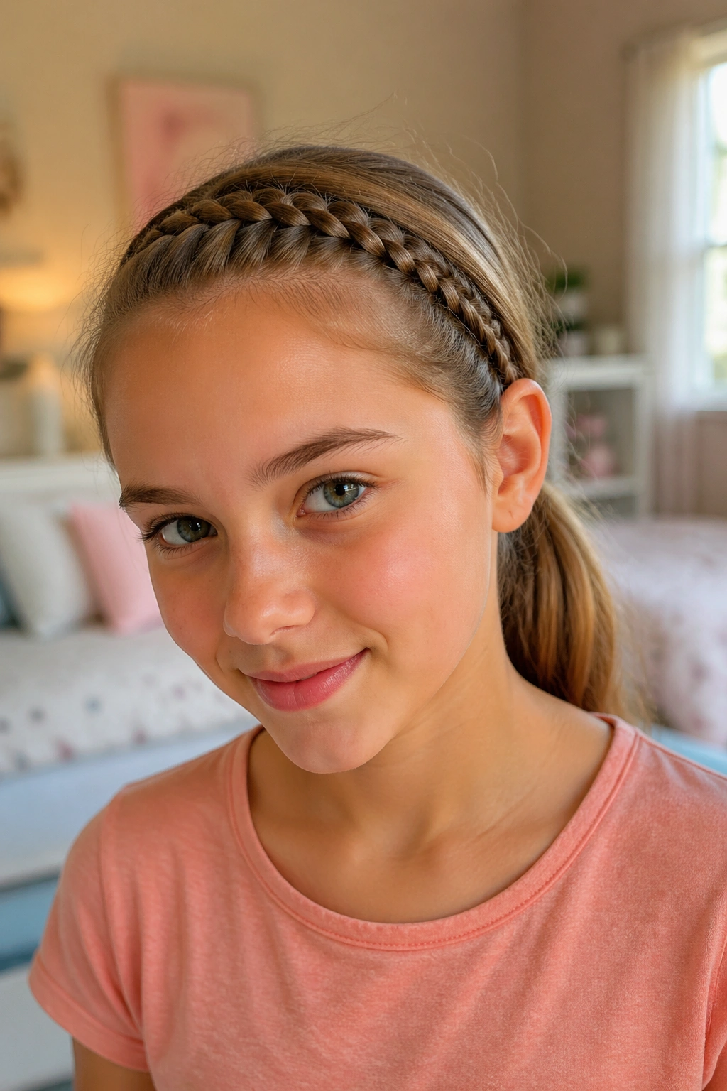 Close-up portrait of a girl with a headband braid along the hairline