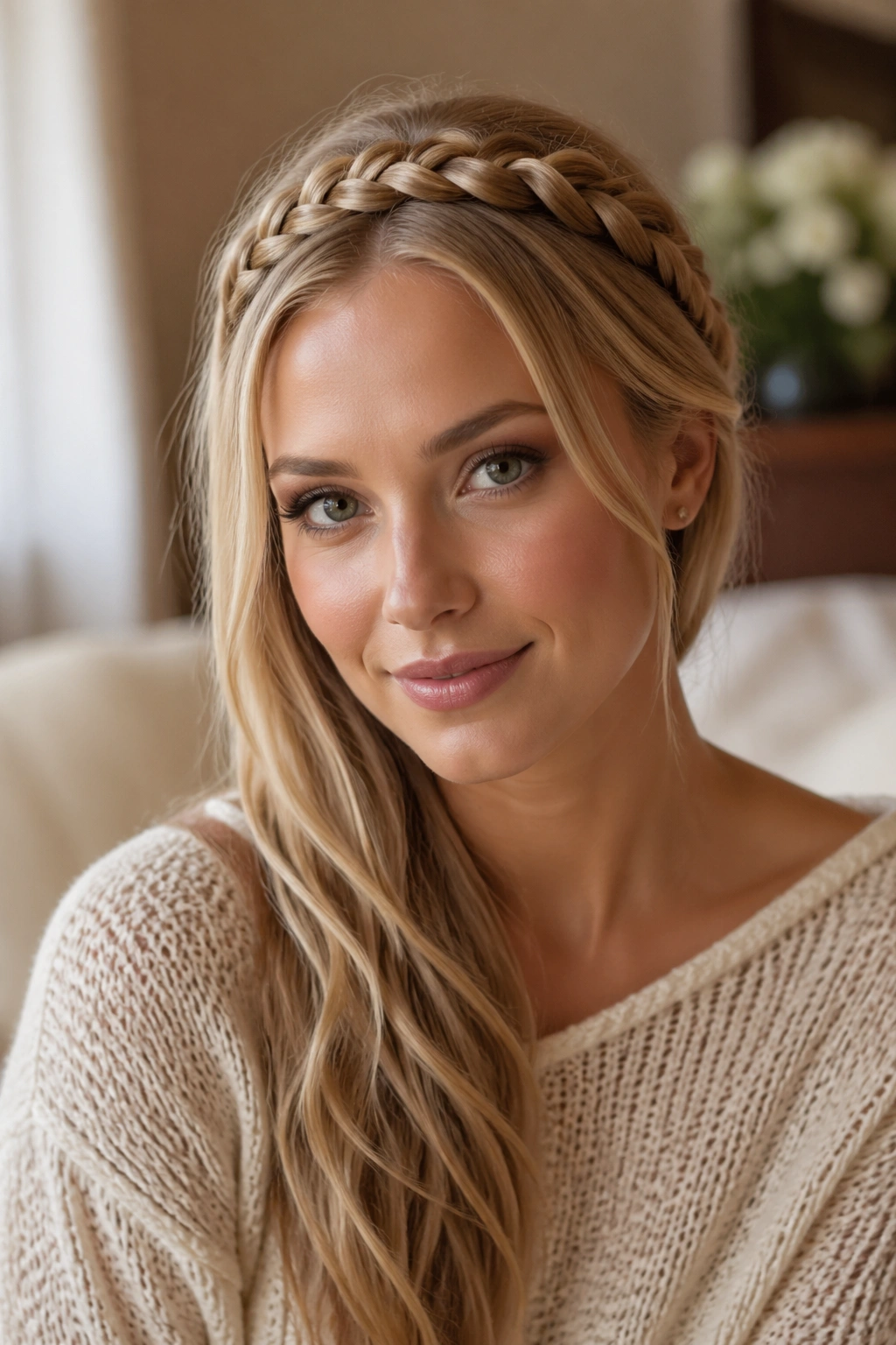 Close-up of a real woman wearing a braided headband with one-sided draping over the shoulder.