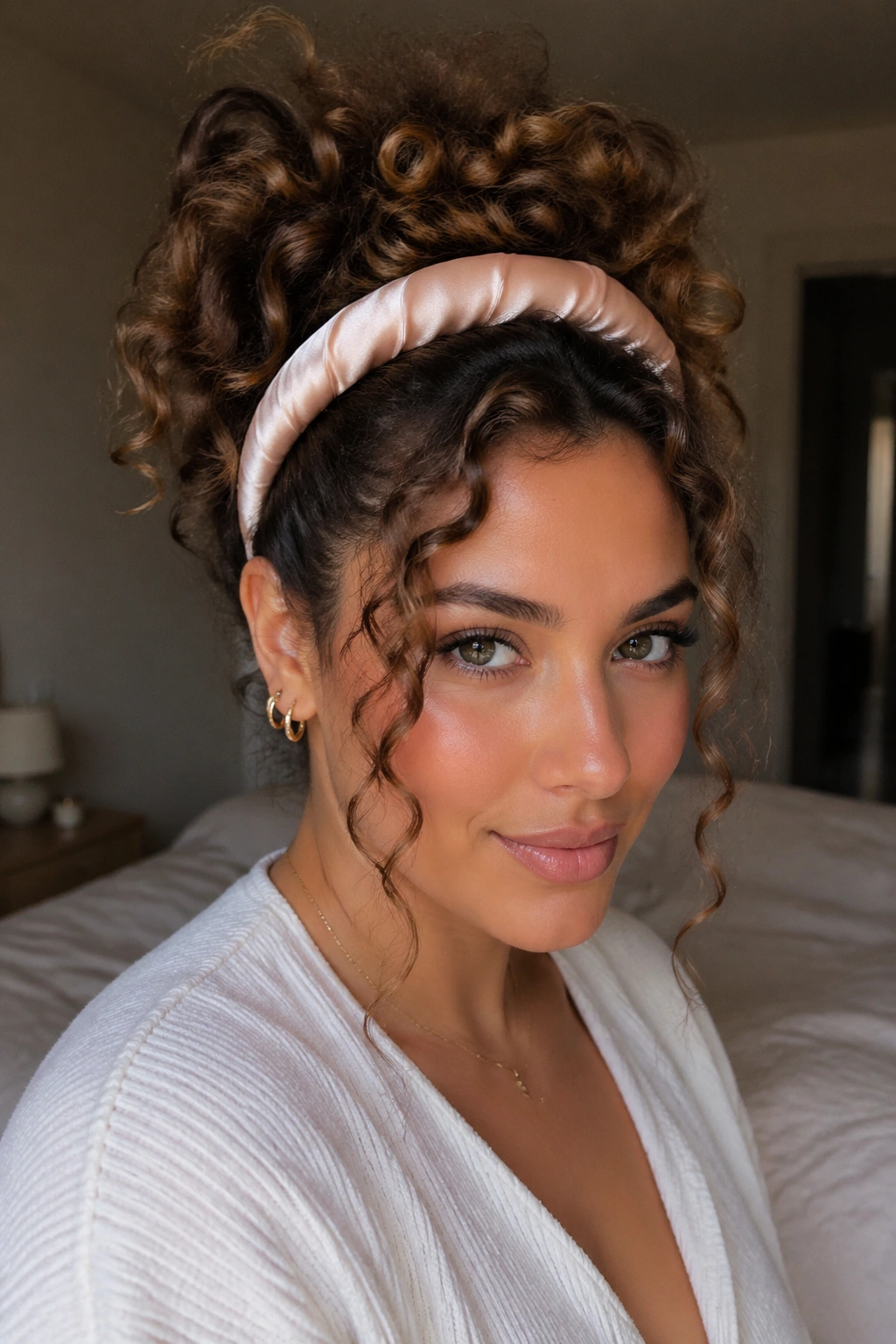 Close-up of a real woman wearing a padded satin headband with curled front pieces