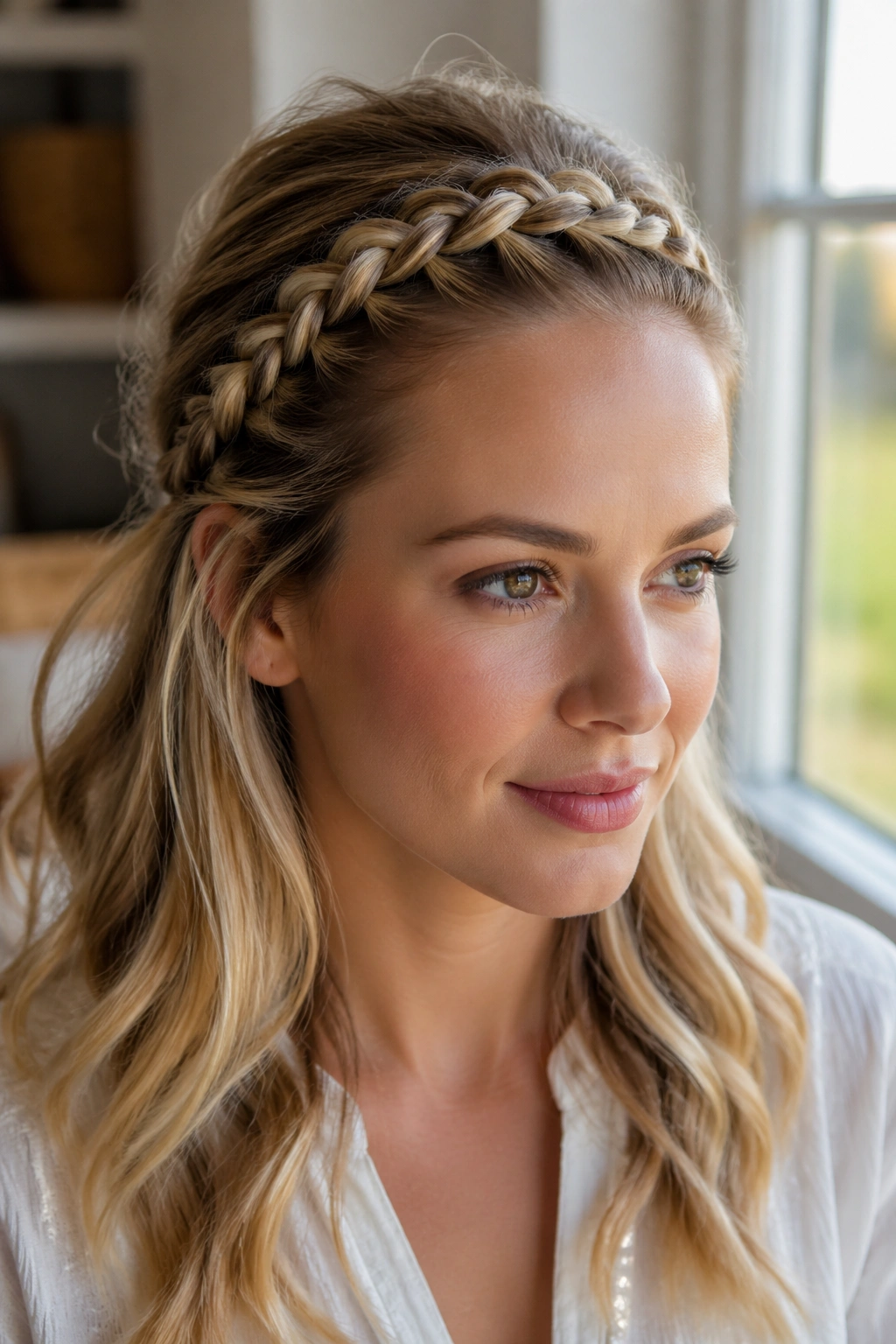 Close-up of a real woman's head showing a Dutch braid headband along the hairline