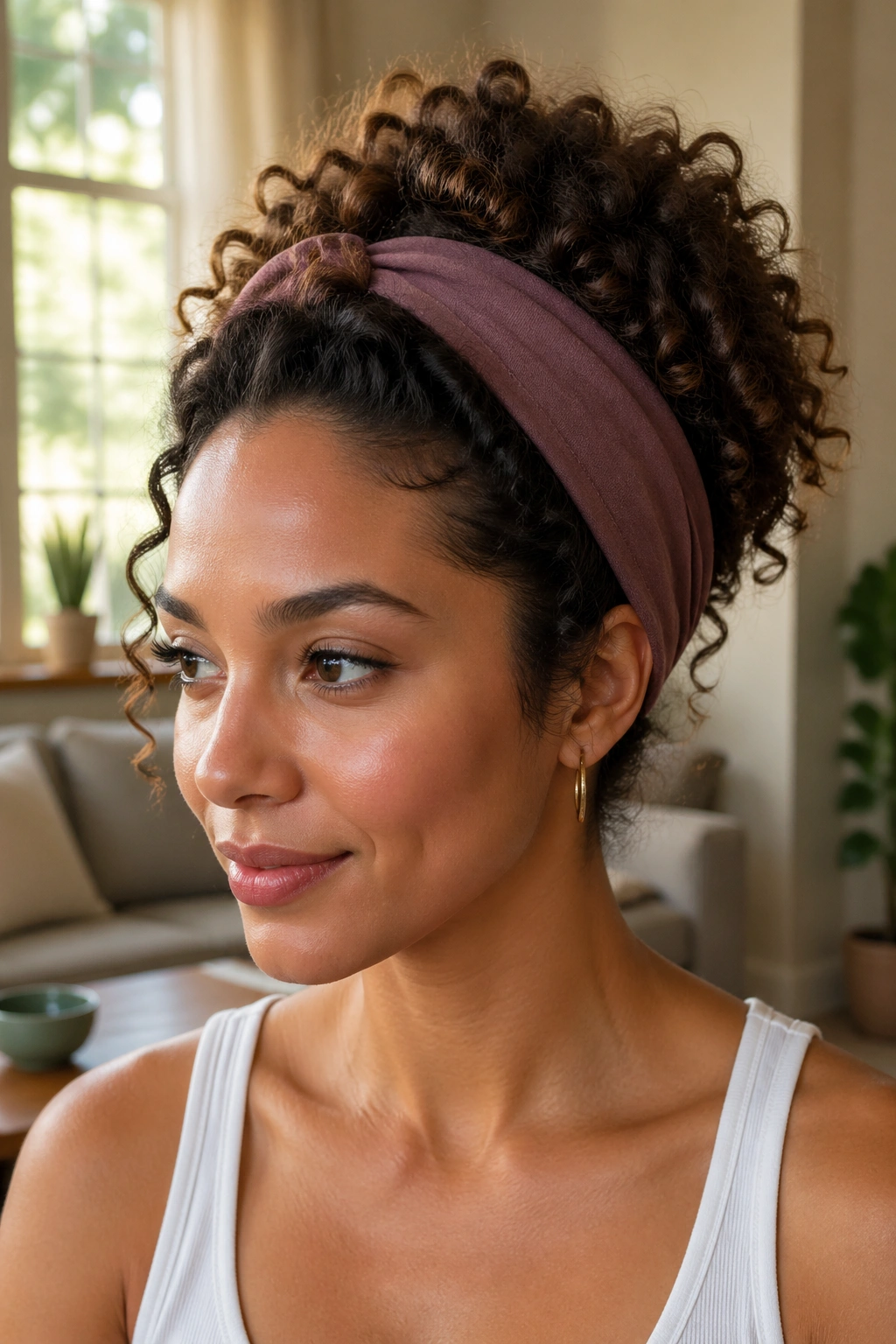 Portrait of a real person with a wide headband tuck and visible curls