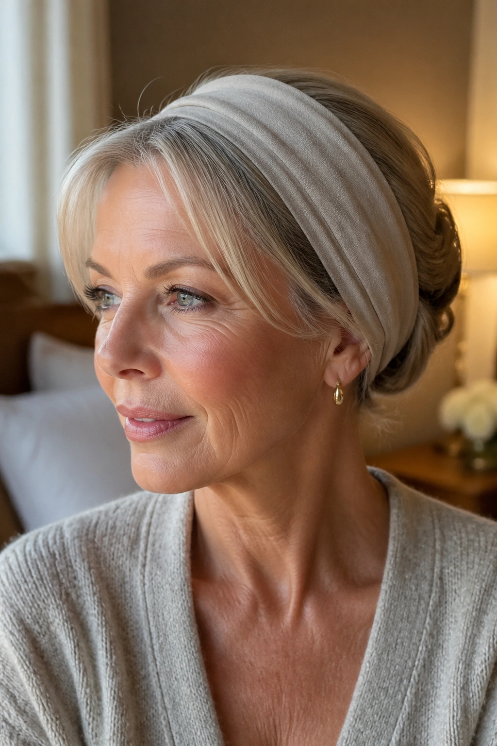 Close-up portrait of a real woman with a headband tuck hairstyle