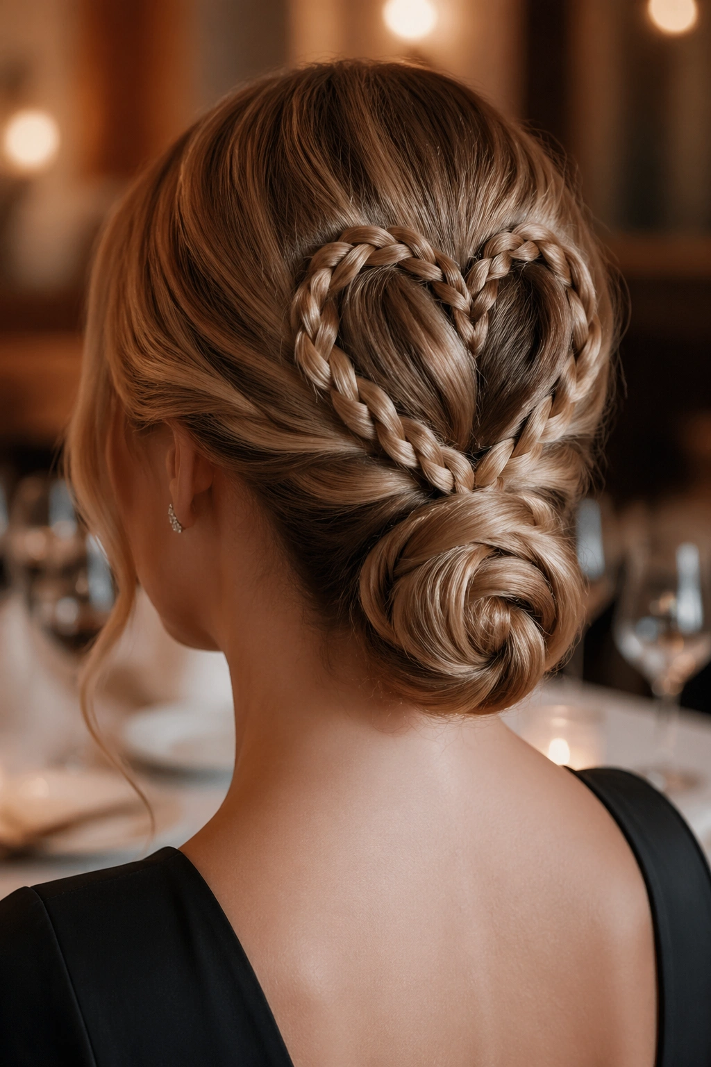 Close-up of a real person with a heart braid transitioning into a low bun at the nape