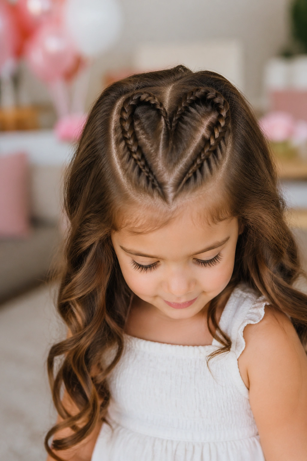 Toddler with heart-shaped half-up pancake braid for party photos