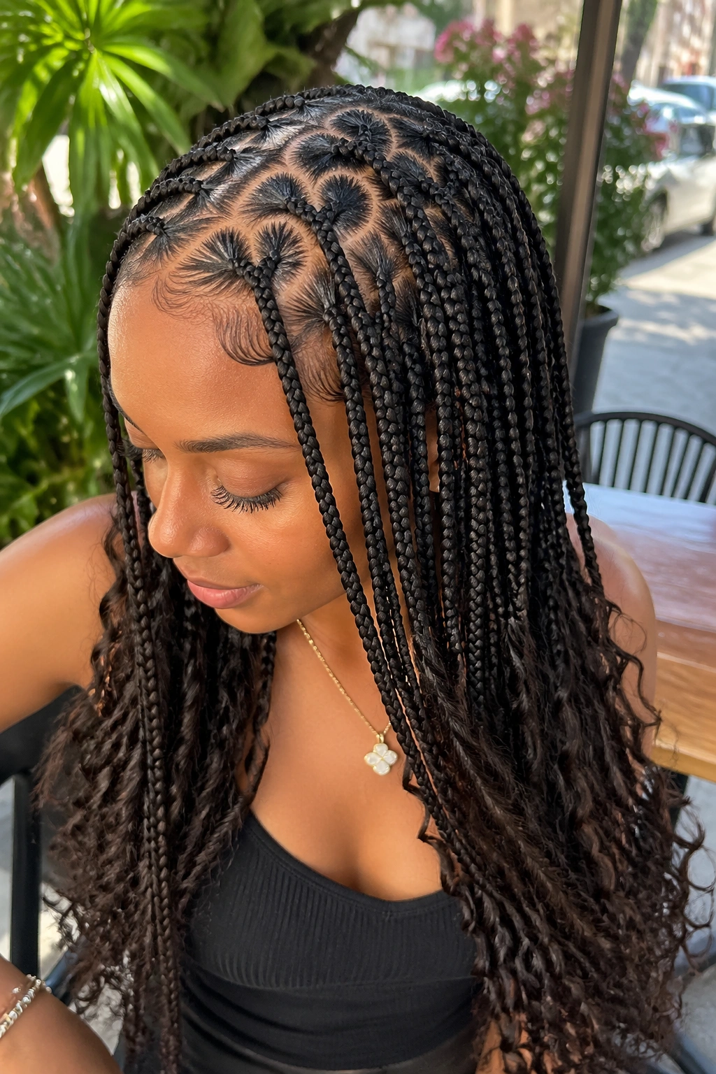 Close-up of heart-design knotless braids with curly ends on a real person