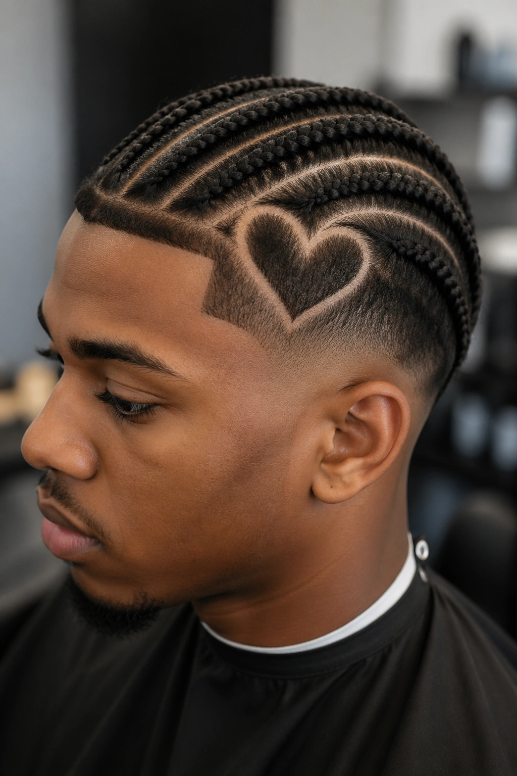 Heart design framed by a taper fade in braided hair
