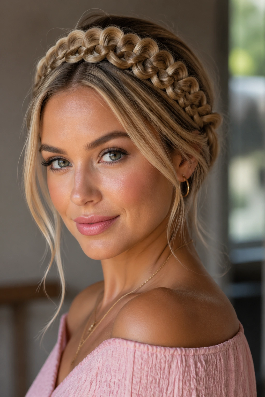 Portrait of a real woman with a halo shaped heart braid around the head