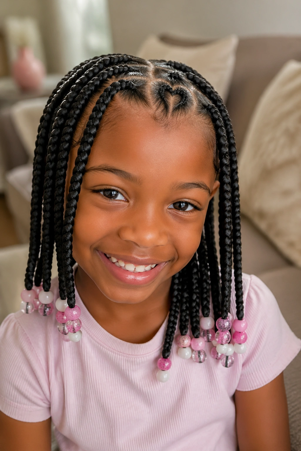 Close-up portrait of a real child with a heart-shaped part and bead-tipped jumbo box braids