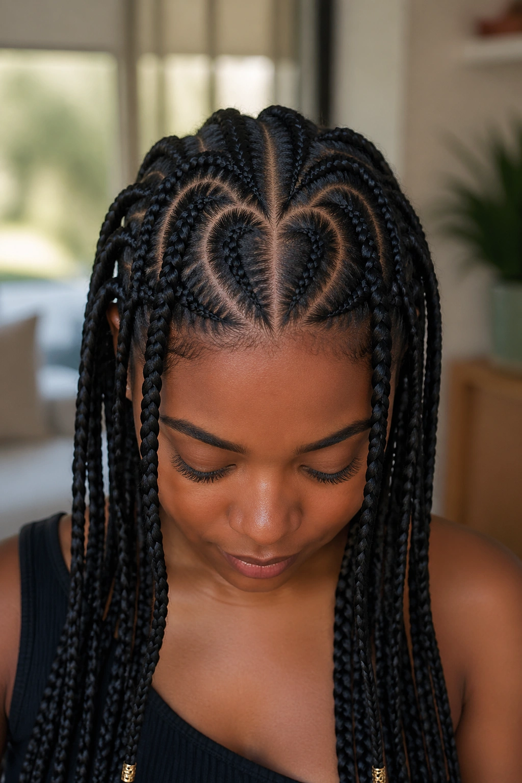 Close-up of a Black woman with a heart-shaped braid part, 4C hair, warm natural light.
