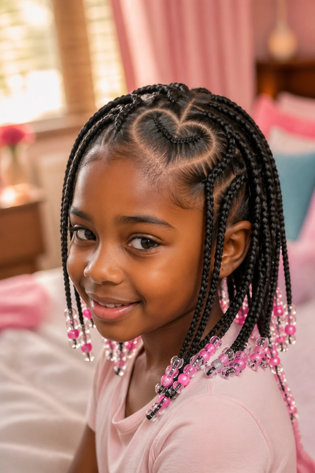 Close-up of a child with heart-shaped part braids adorned with pink and clear beads.