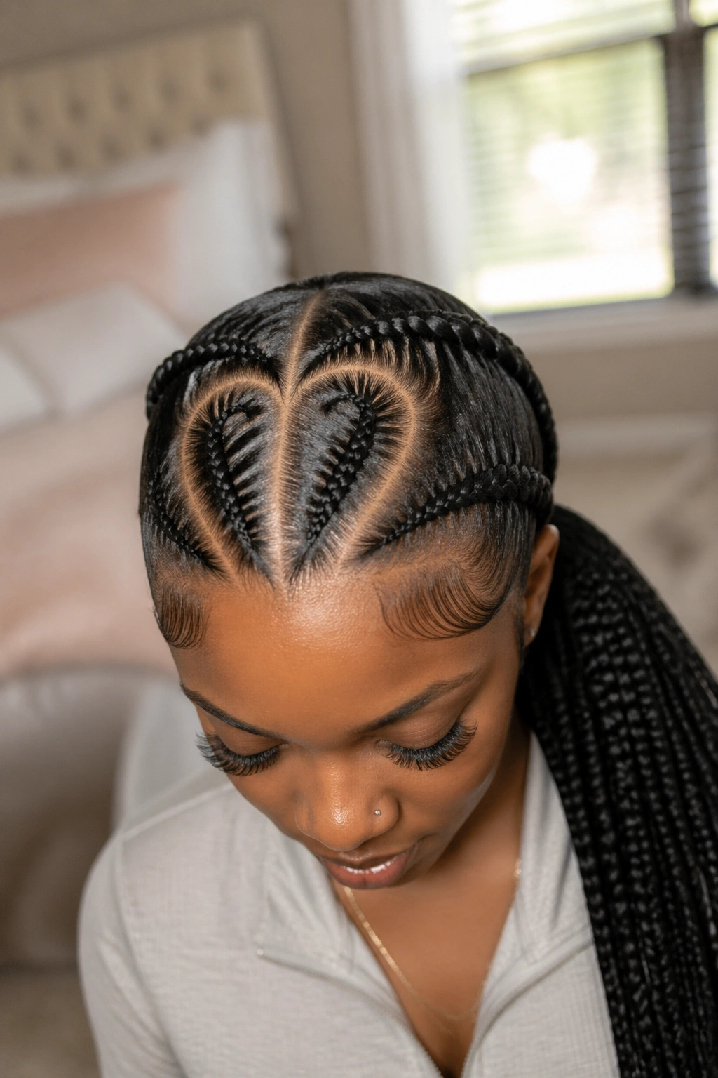 Close-up of a real woman with a precise heart-shaped braid part in neat braids.