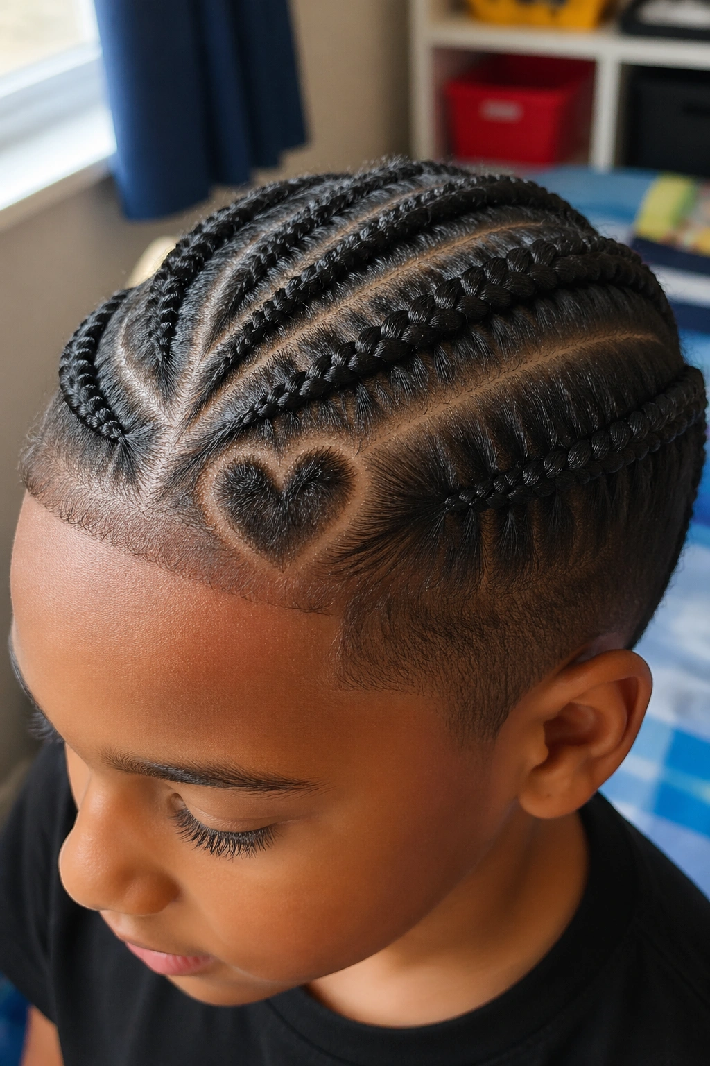 Close-up of a boy's head with a small heart-shaped part and braids