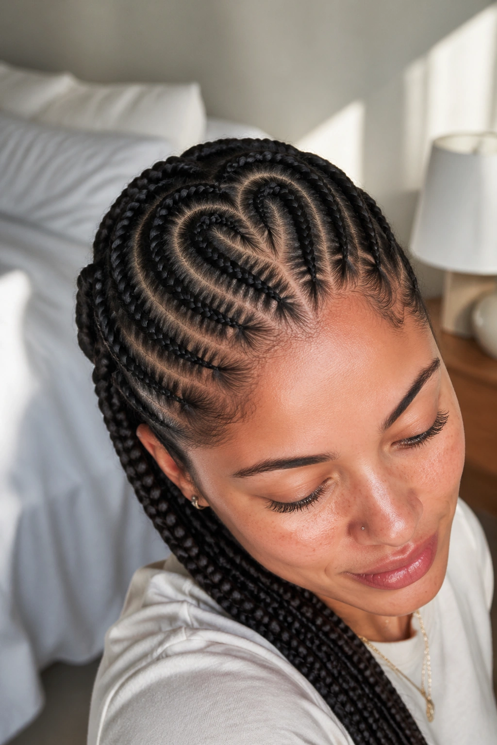Close-up portrait of heart-part cornrows on a real person