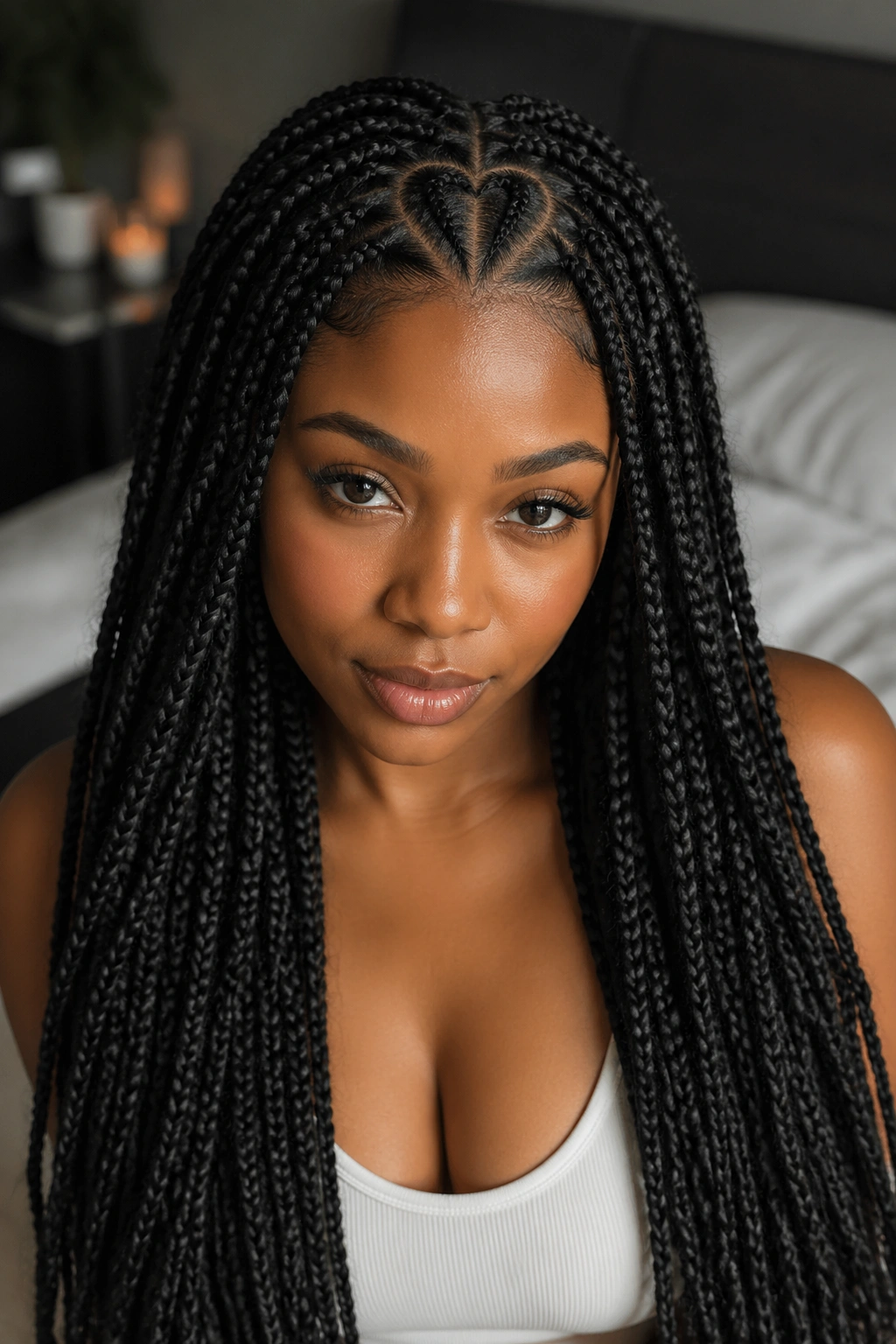 Close-up of real woman with heart-part long braids on Type 4 hair