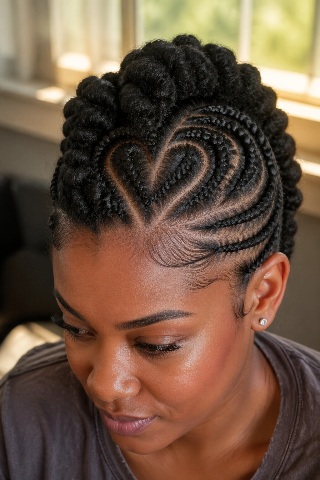 Close-up portrait of a real woman with a heart-shaped part Mohawk and braided center ridge.