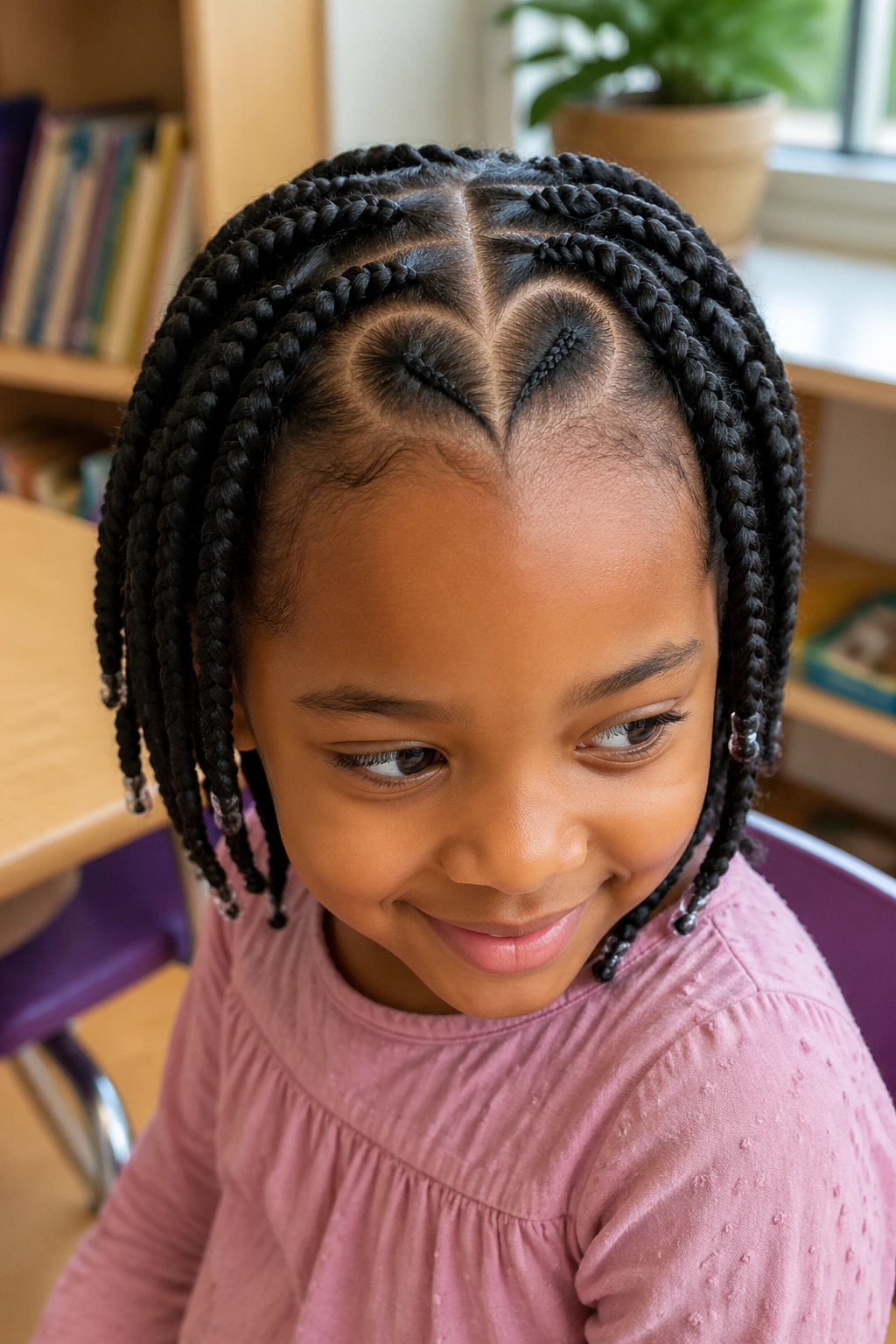 Close-up of a child with a heart-shaped part in short box braids