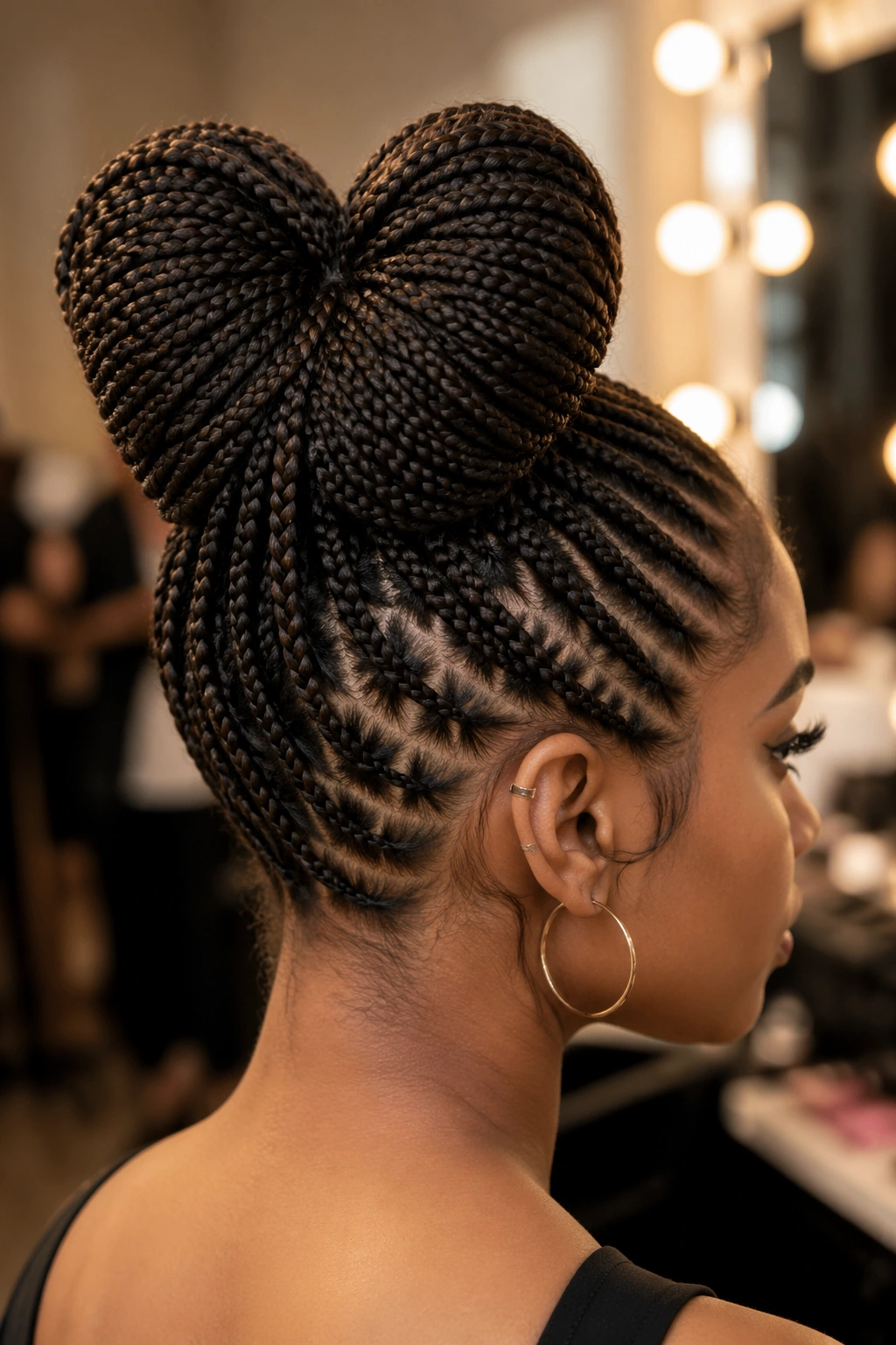 Back view of heart-shaped braided bun on a real woman