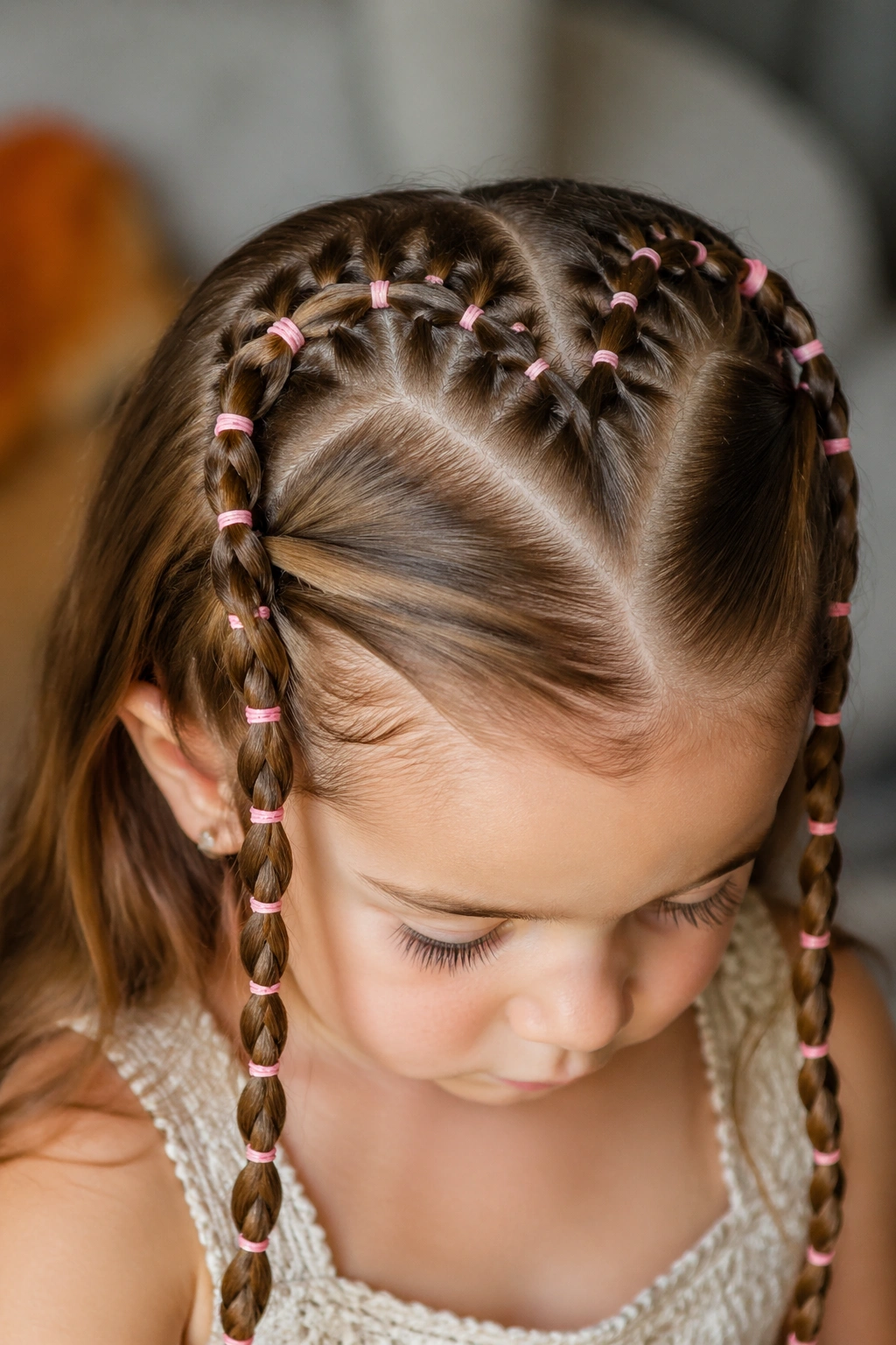 Close-up of toddler with heart-shaped crown rubber band braids