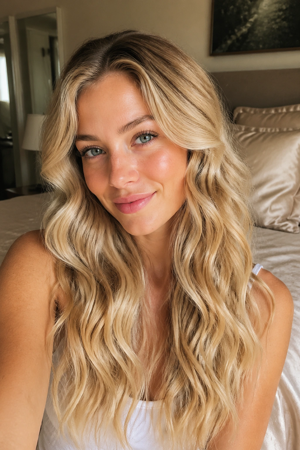 Close-up of a real woman with heatless overnight waves in long blonde hair in a softly lit bedroom.
