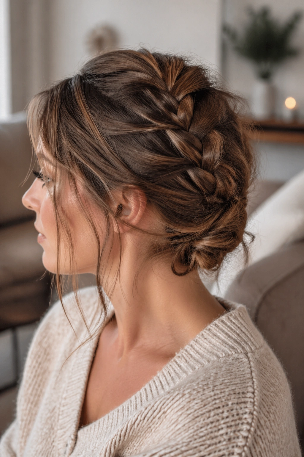 Close-up of a woman’s French braid finishing with a hidden twist secured by a claw clip under the hair.