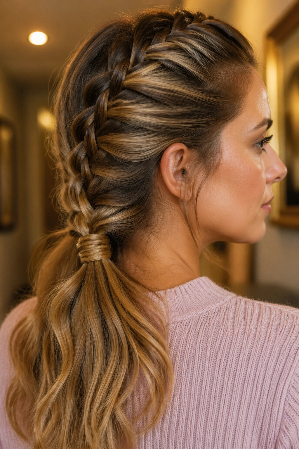 Close-up of a real person showing a hidden elastic finish at the end of a Dutch braid