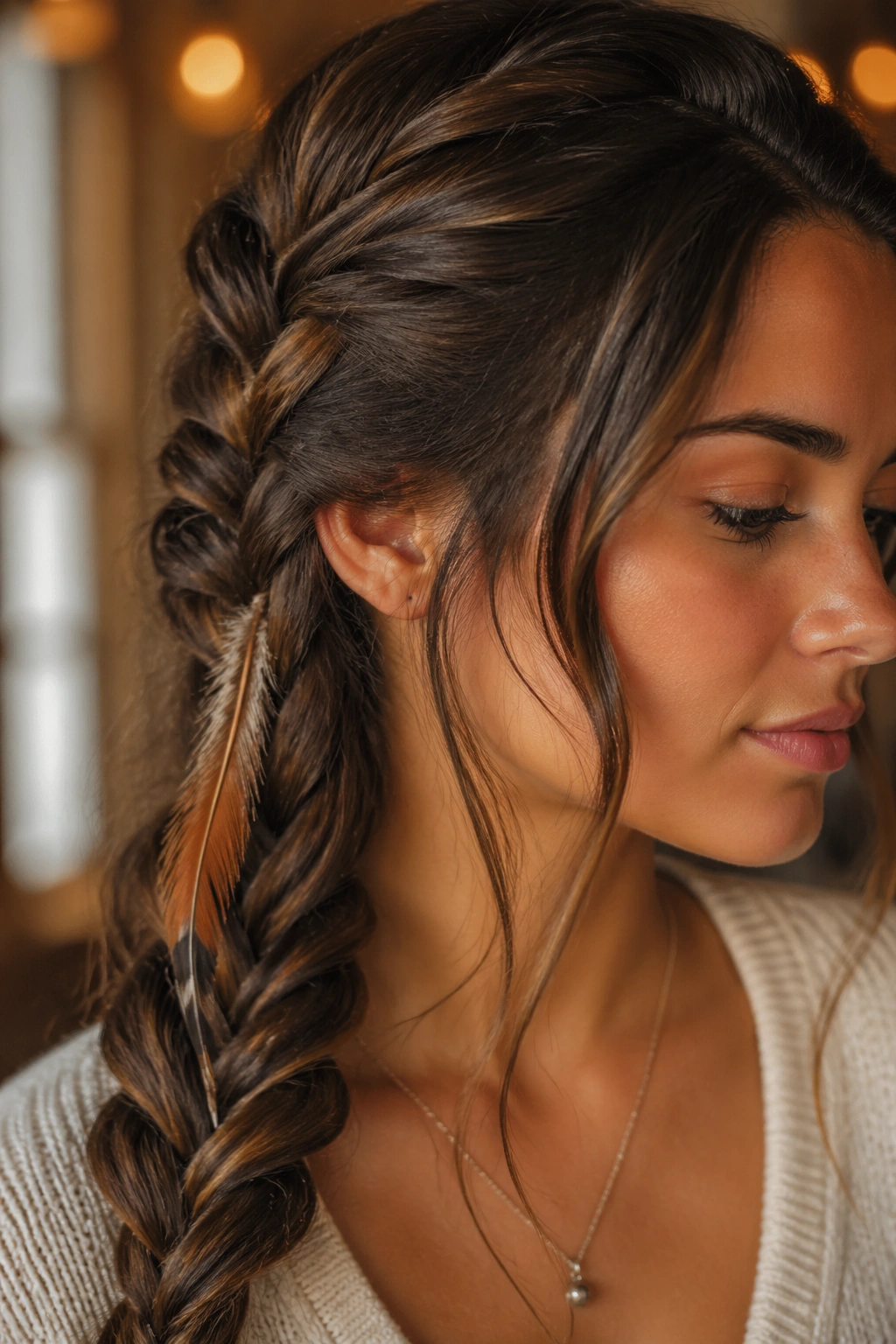 Close-up of a real person with a braid that hides a feather clip beneath a bend