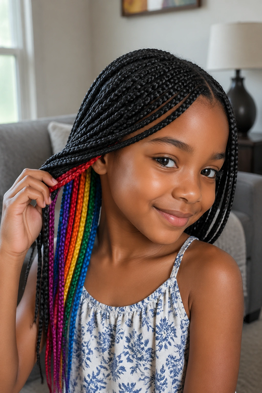 Close-up of a child showing hidden rainbow underlayers beneath a dark top layer