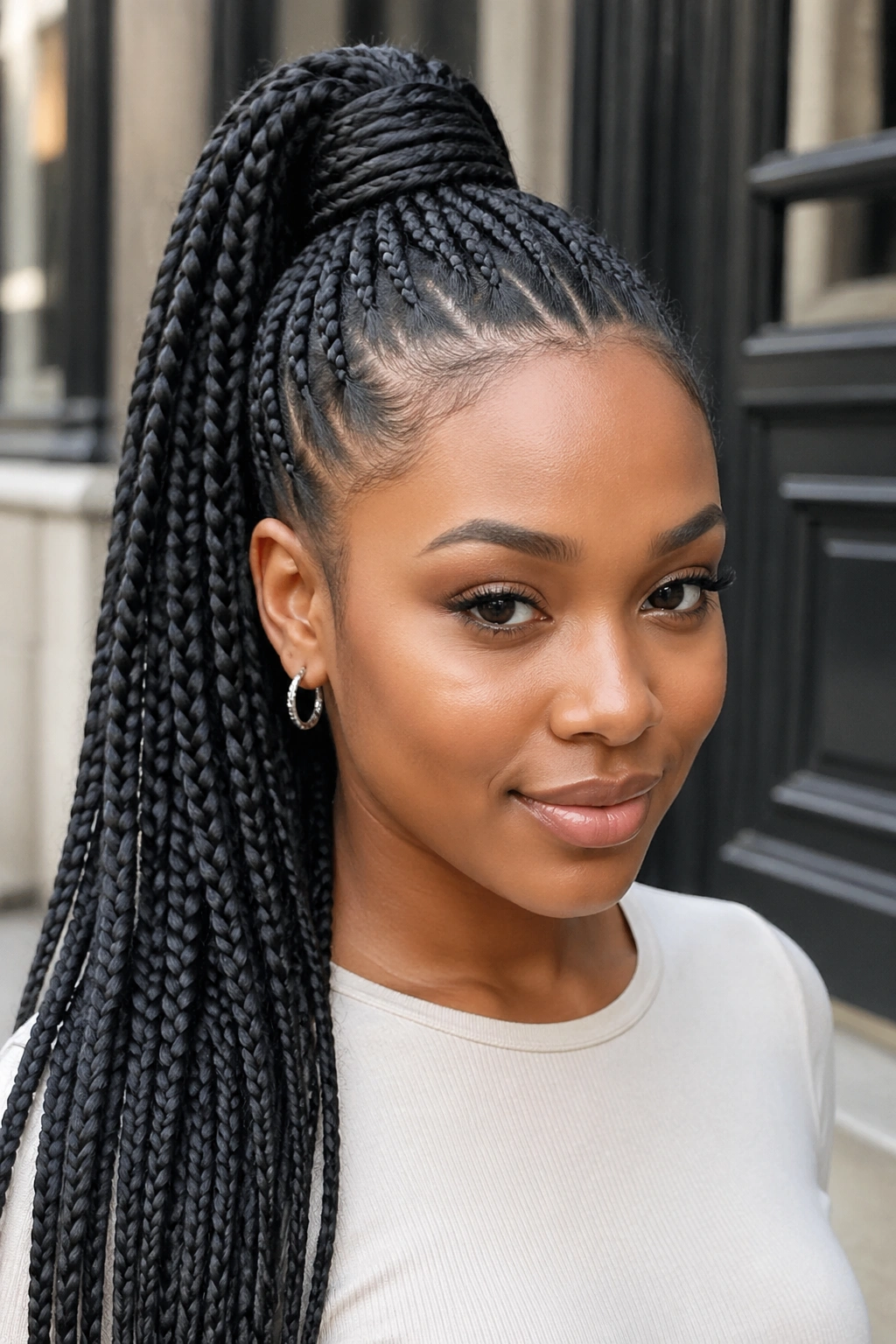 Close-up portrait of a real woman with a high braided ponytail wrapped base in daylight