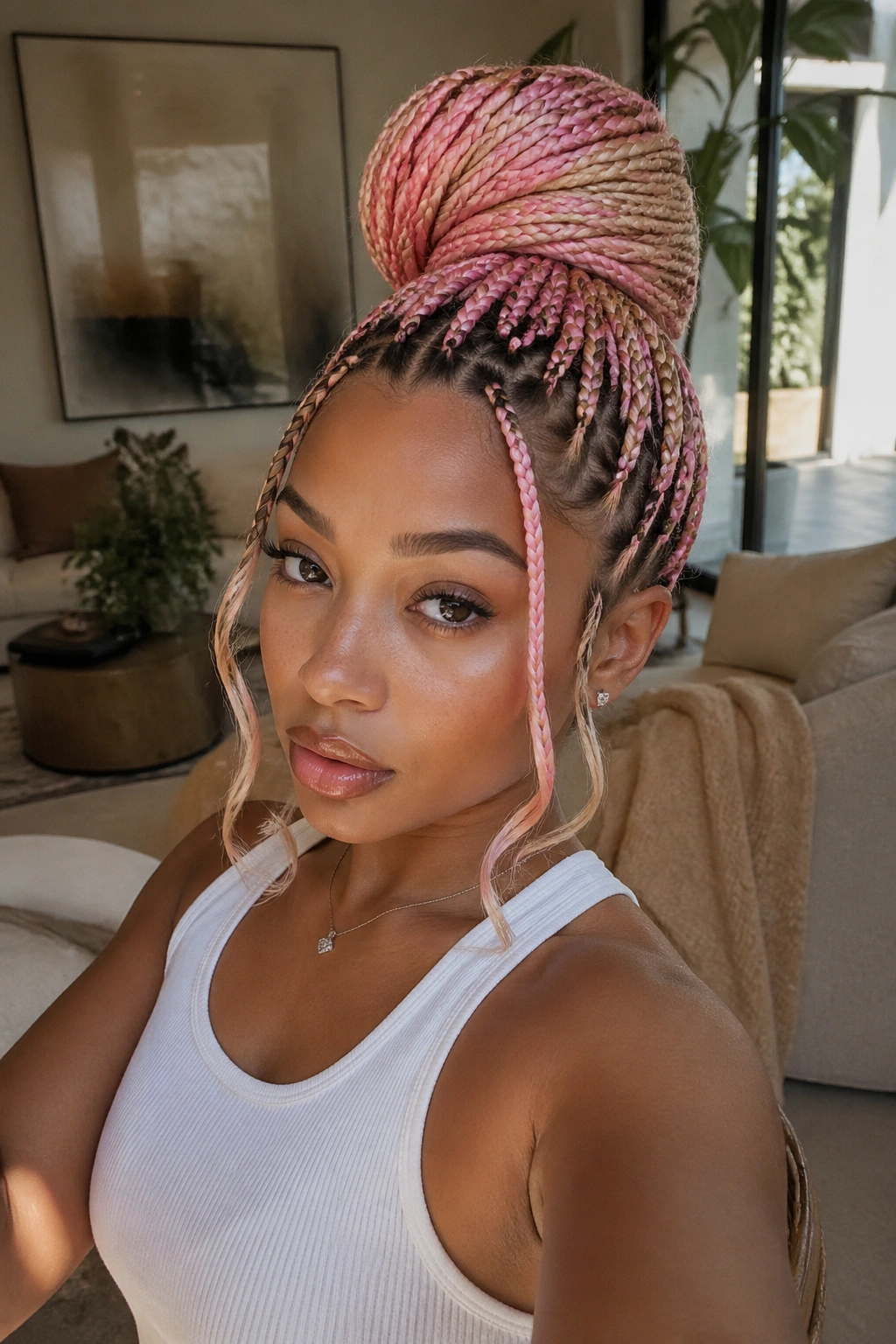 Close-up of high bun blonde and pink knotless braids on a real person