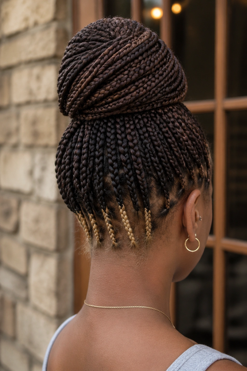 Back view of a real person wearing a high bun with hidden nape blonde pieces.