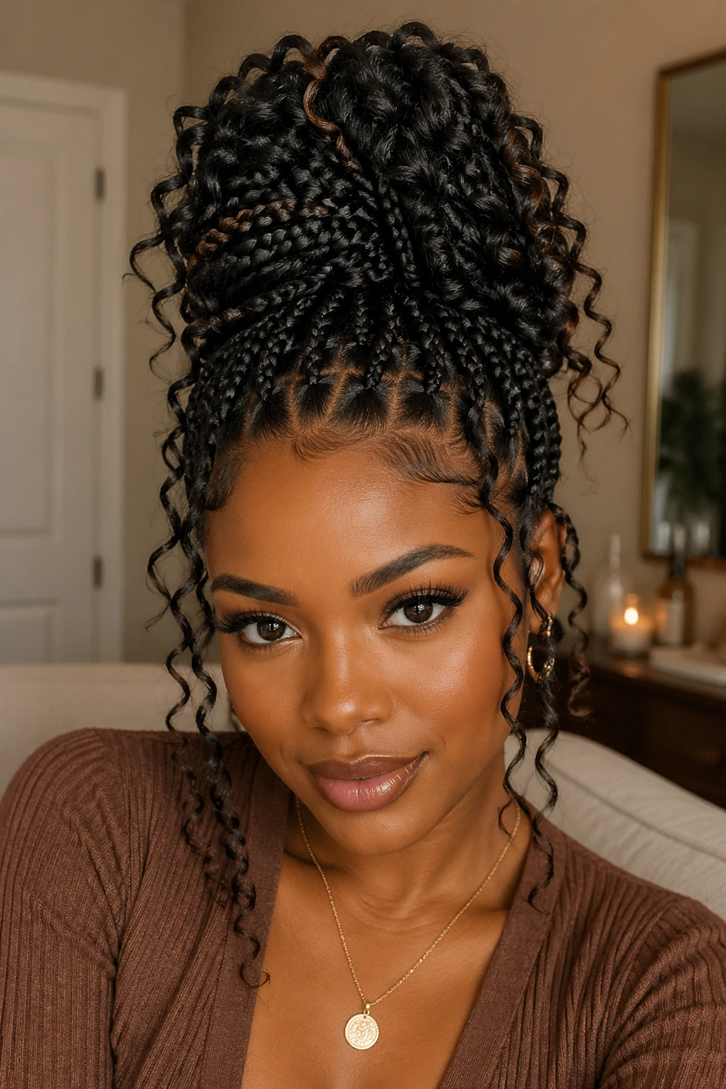 Close-up of a real woman with a high bun made of goddess braids and long curly ends
