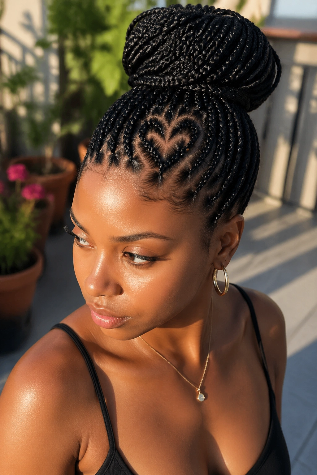 High bun knotless braids with heart base on real woman
