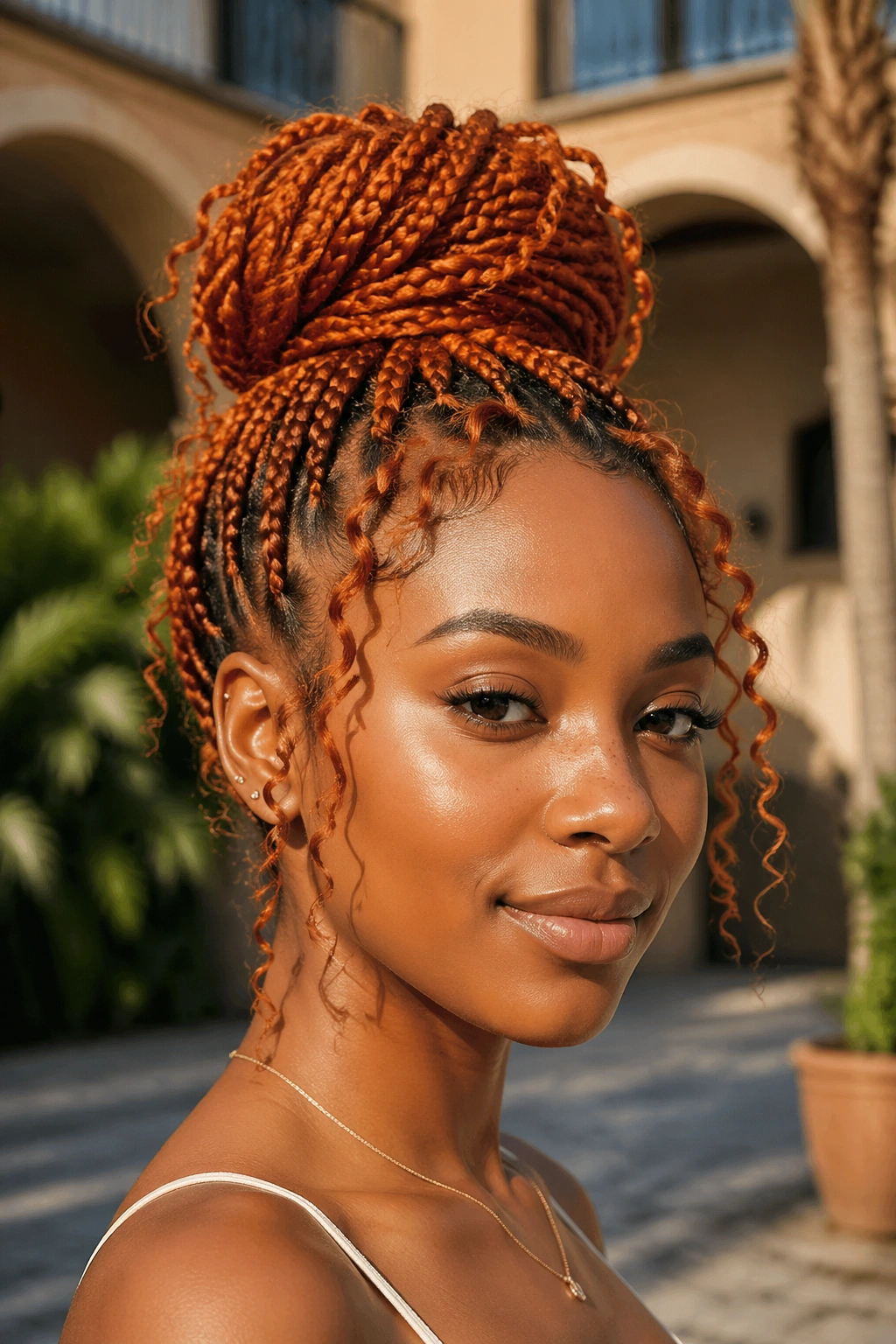 Close-up of a high bun orange box braids with curly pieces left out on a real person