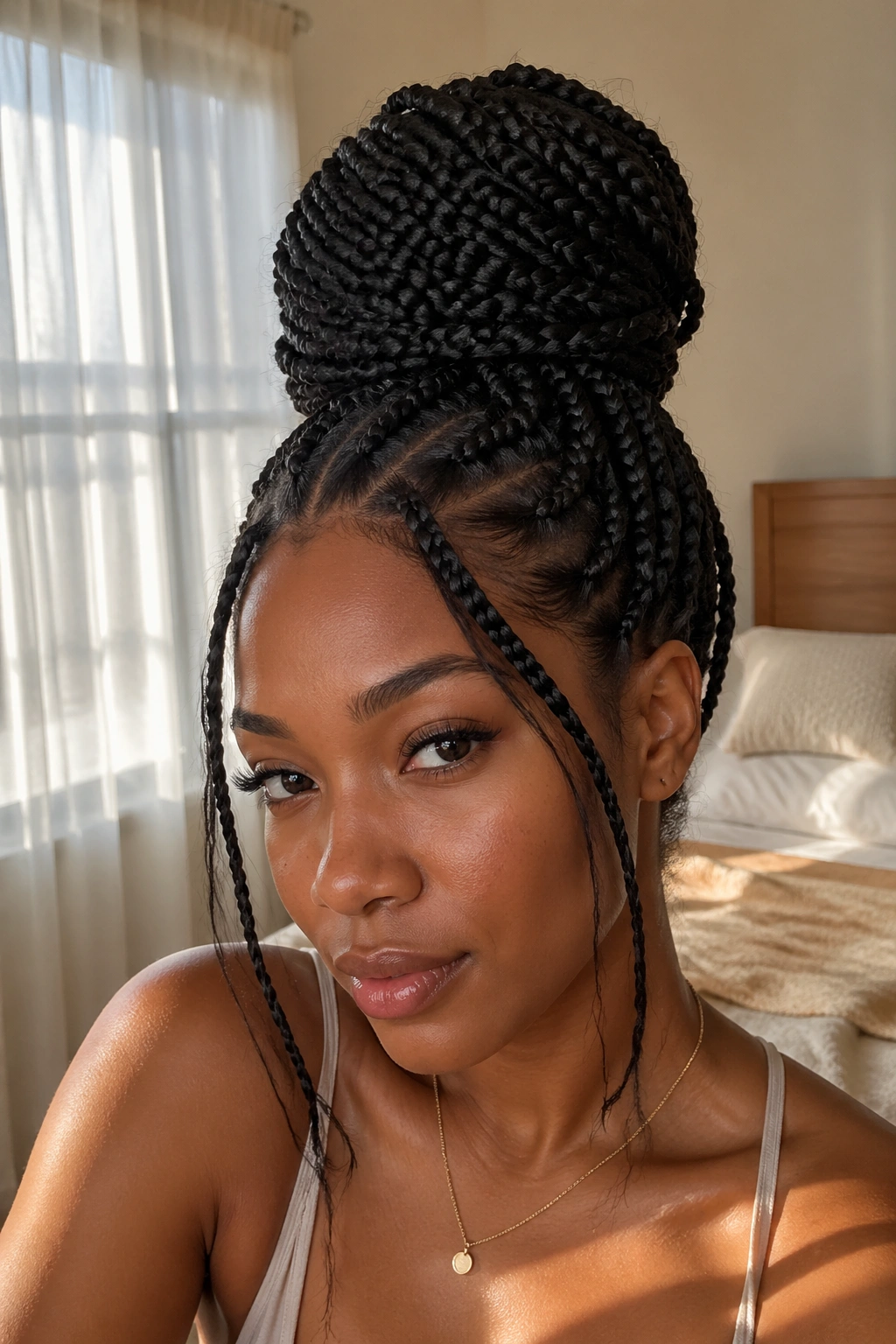 Close-up portrait of a real person with a high crown bun made from medium box braids