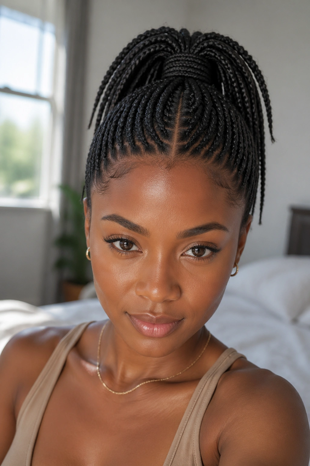 Close-up of a real person with a high crown ponytail and sharp middle part.