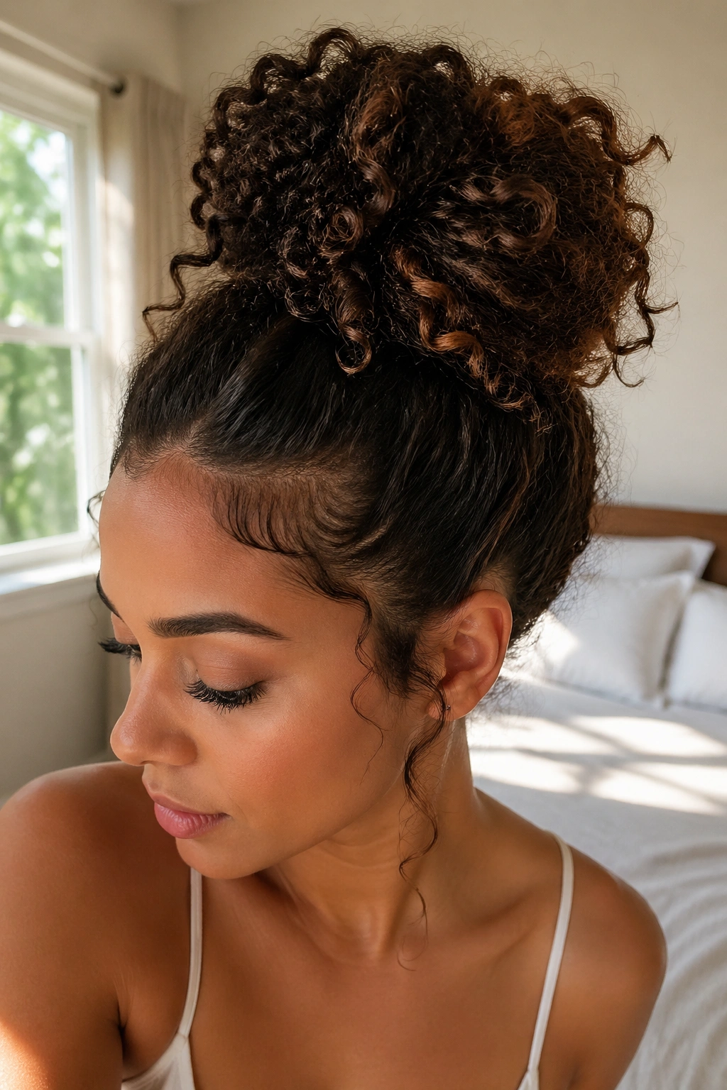 Close-up of a real woman with a high curly bun and loose curls in window daylight