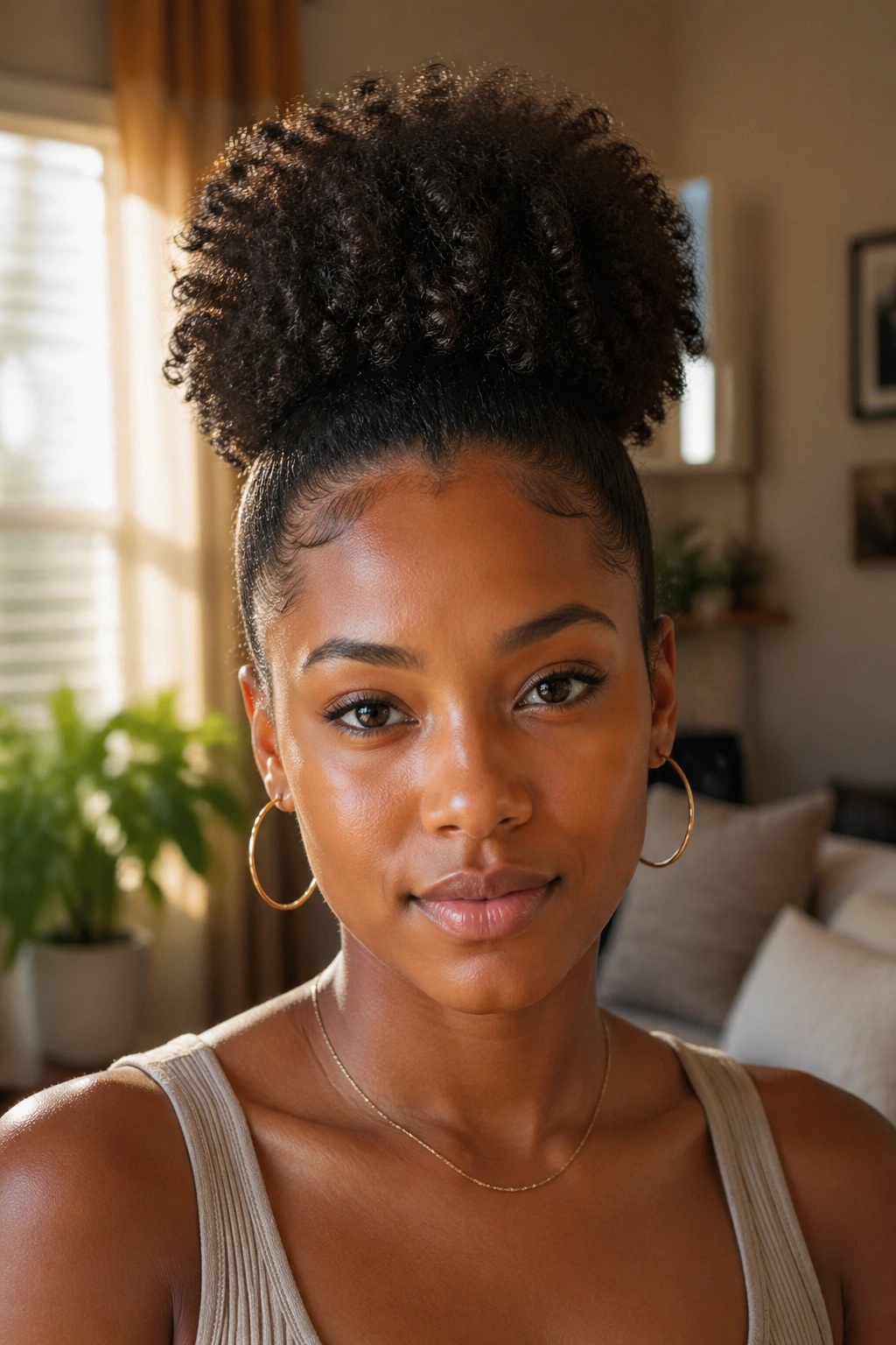 Close-up of a real person with a high curly puff hairstyle, coily hair texture, warm natural light