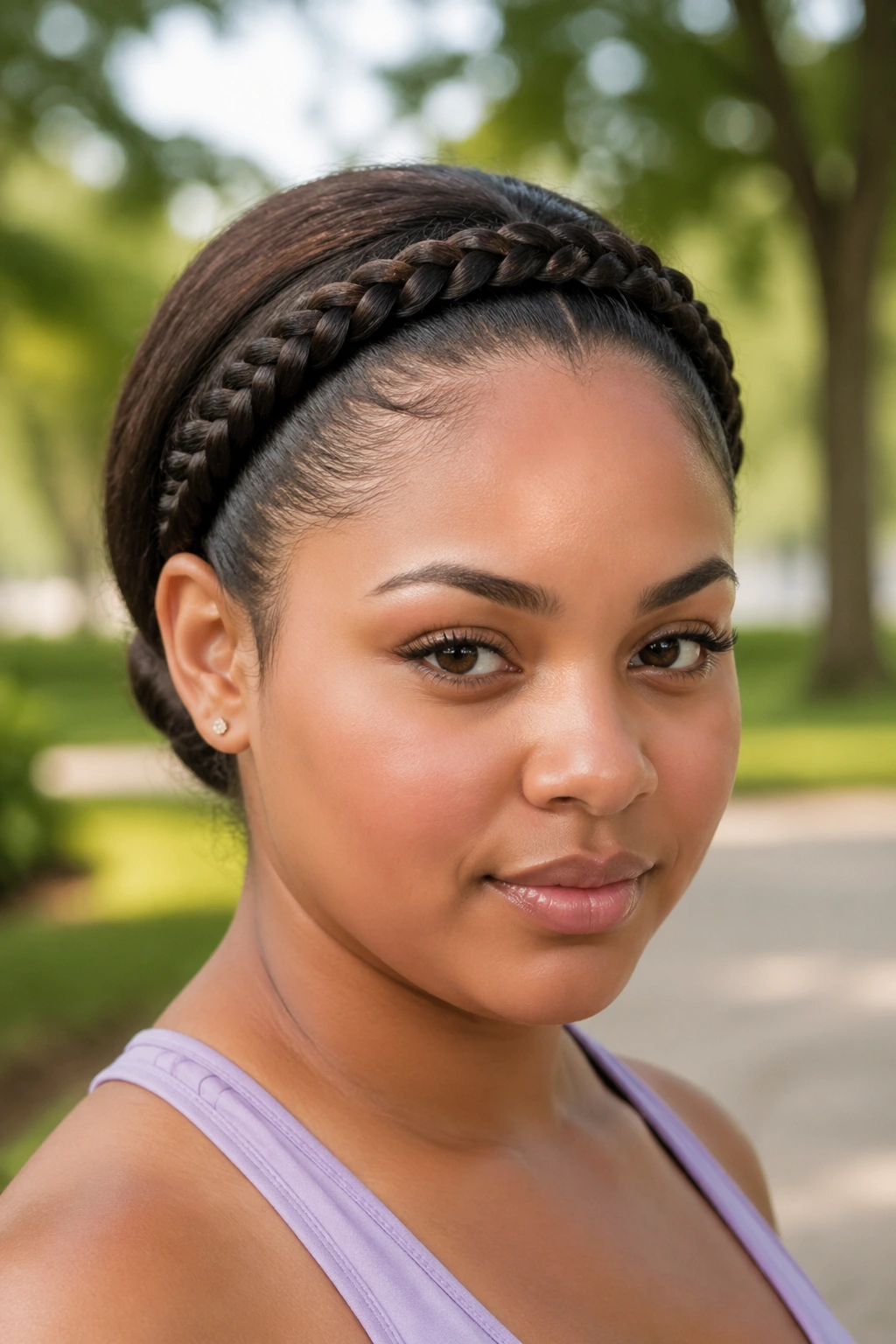 Portrait of a real person with a high headband braid along the hairline