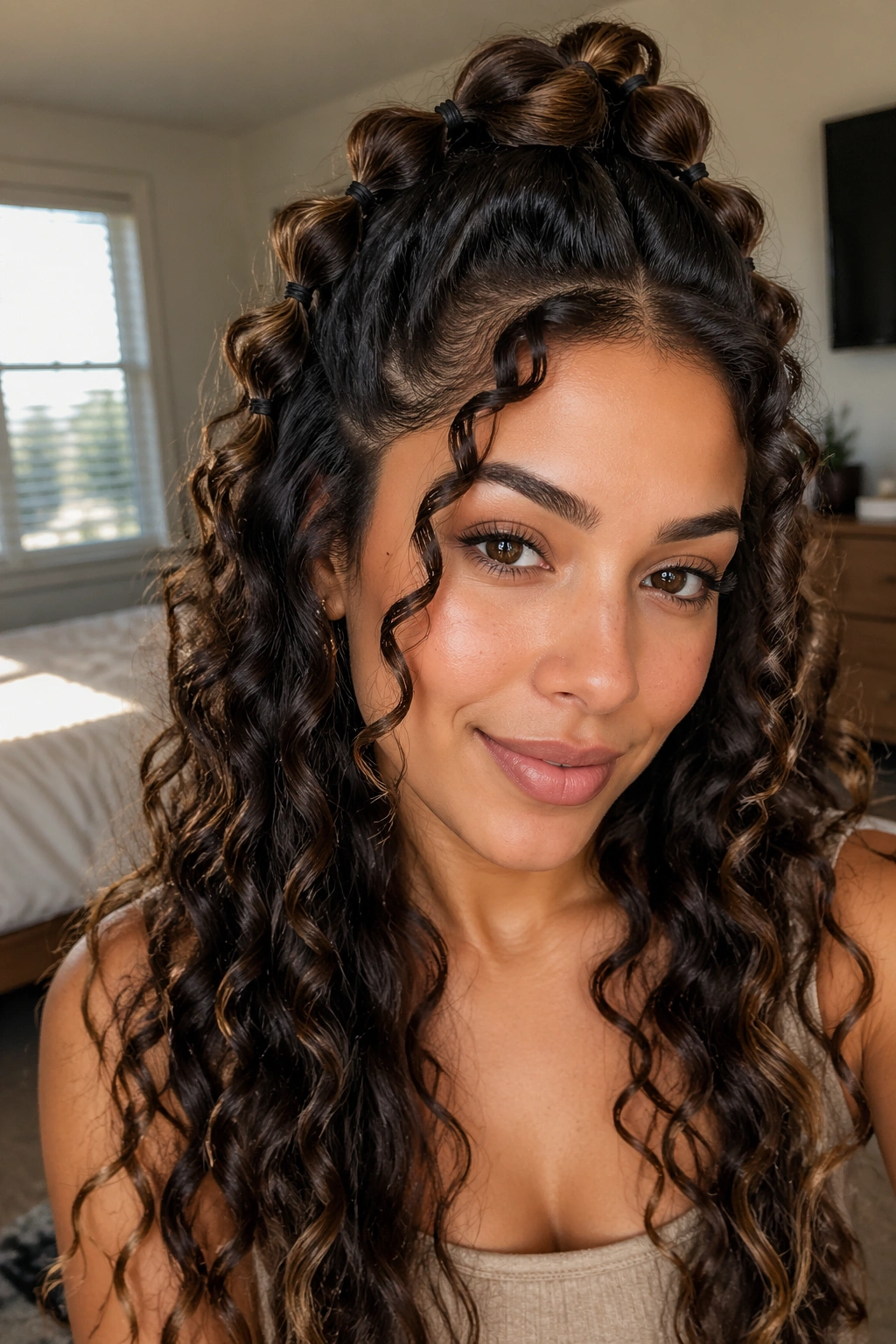 Close-up of a real woman with a high lift bubble half-up hairstyle in a warm bedroom