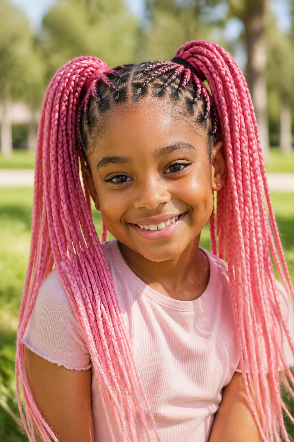 Real child with high pink box braid pigtails in a sunny outdoor setting.