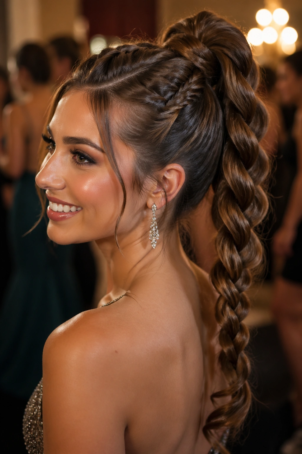 Close-up of a real person with high pony dragon braid showing lift at the crown