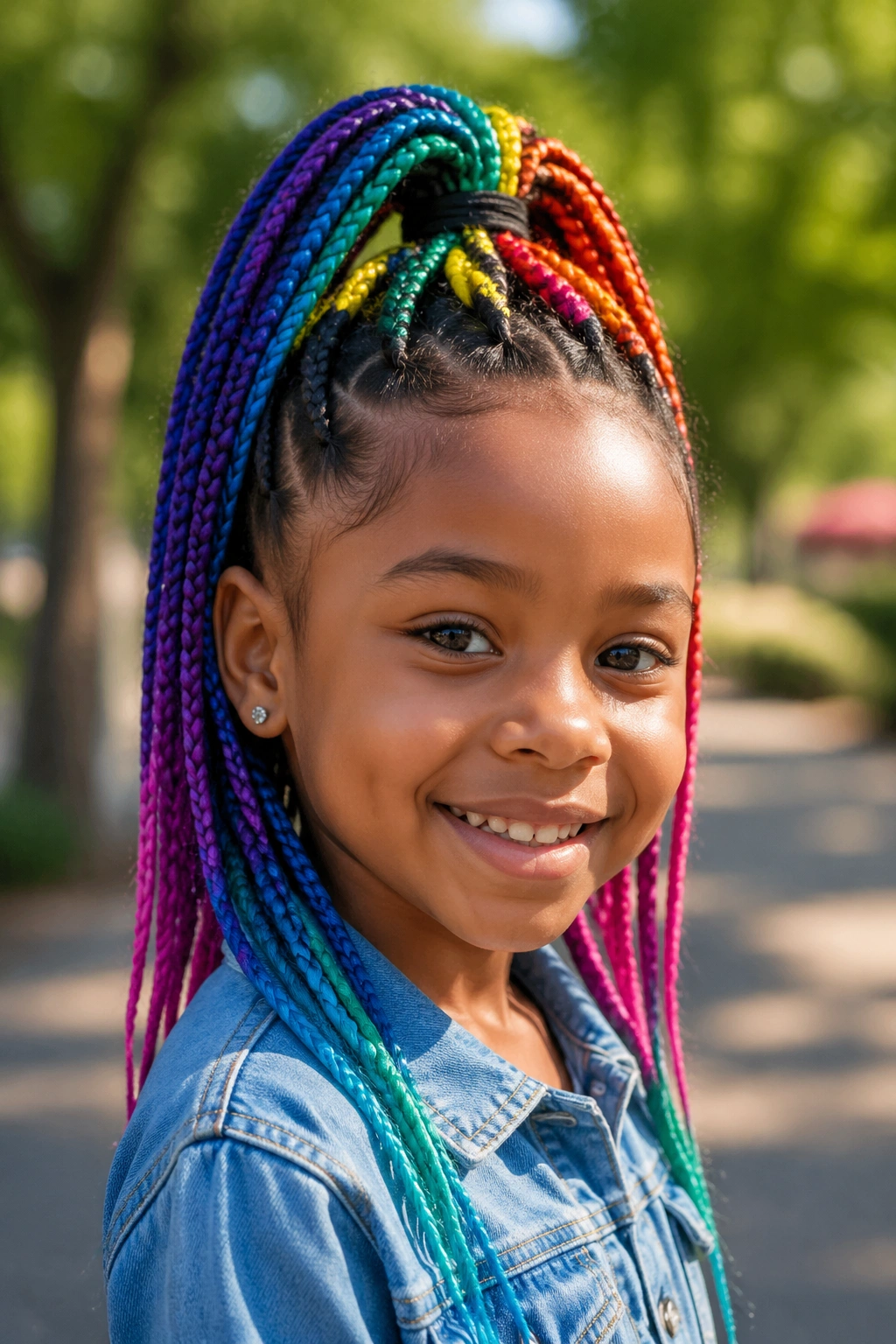 Child with high ponytail rainbow braids