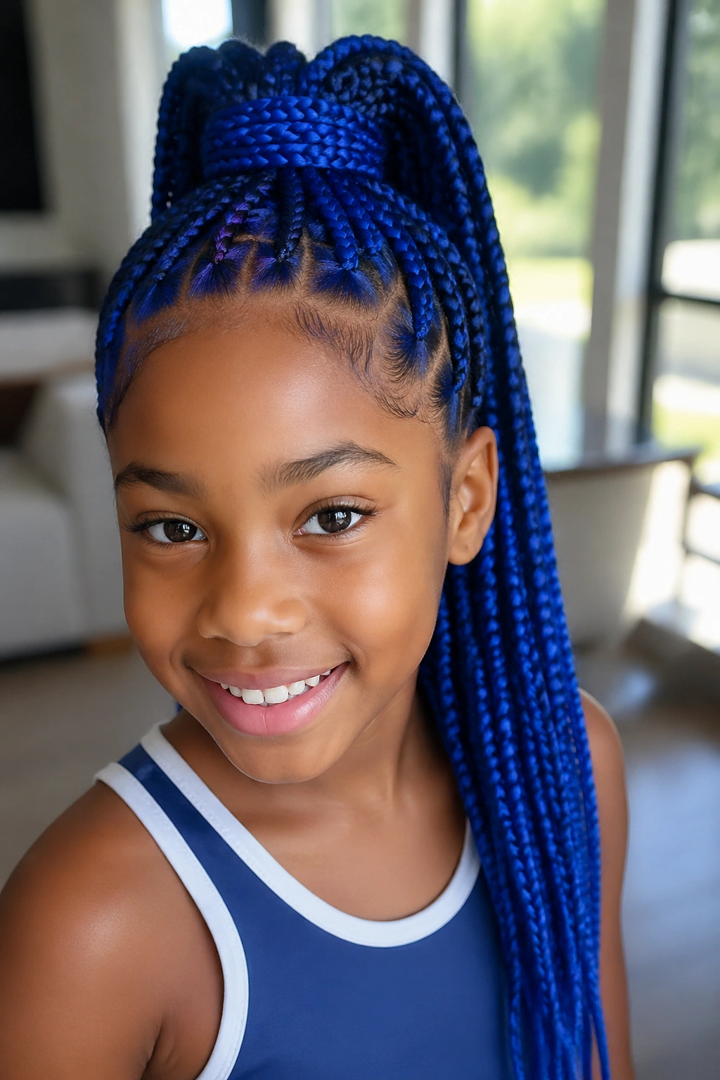 Child with high crown ponytail blue box braids in a bright living room