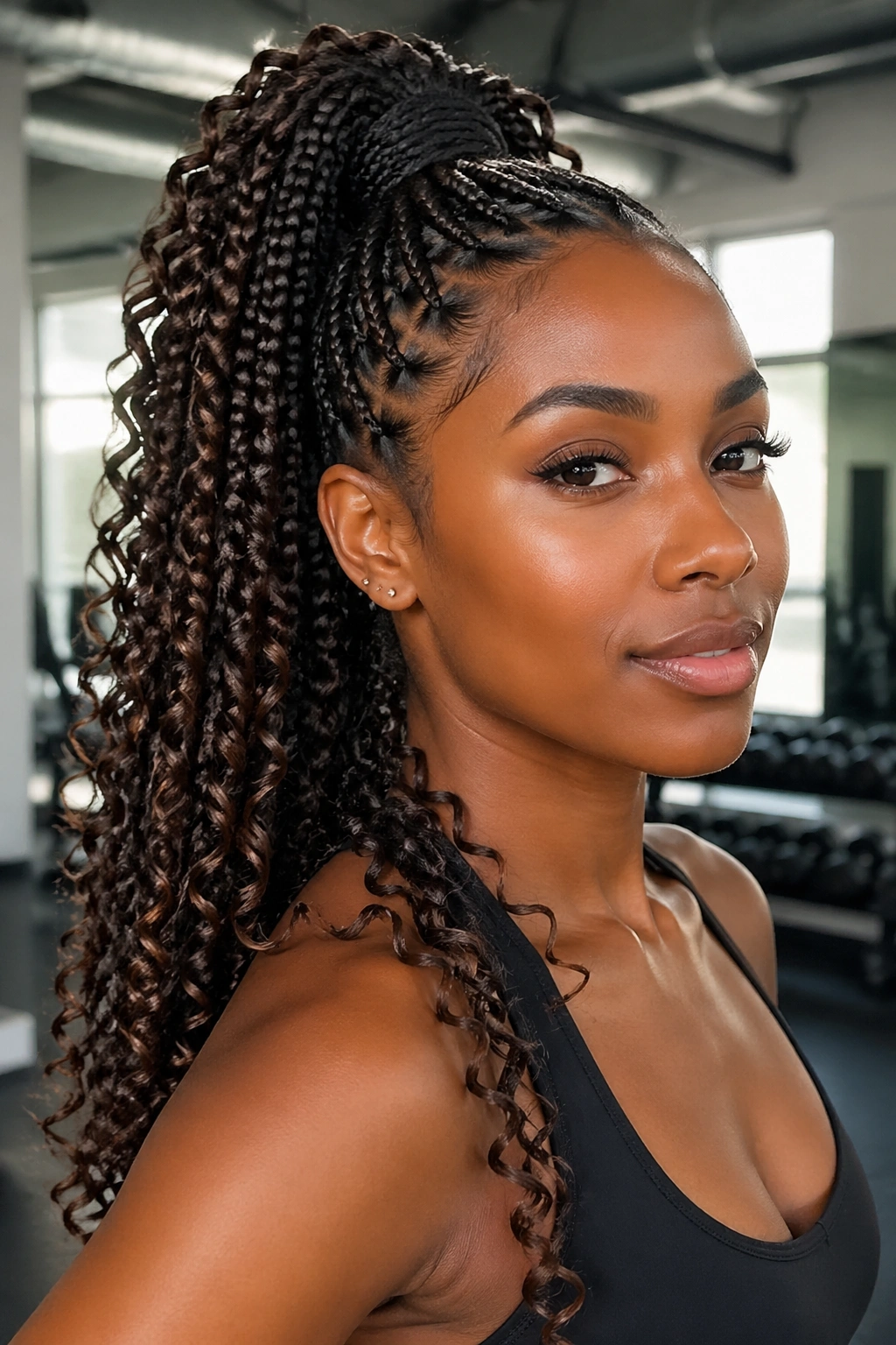 Close-up of high ponytail medium box braids with curly ends on a real woman in a gym