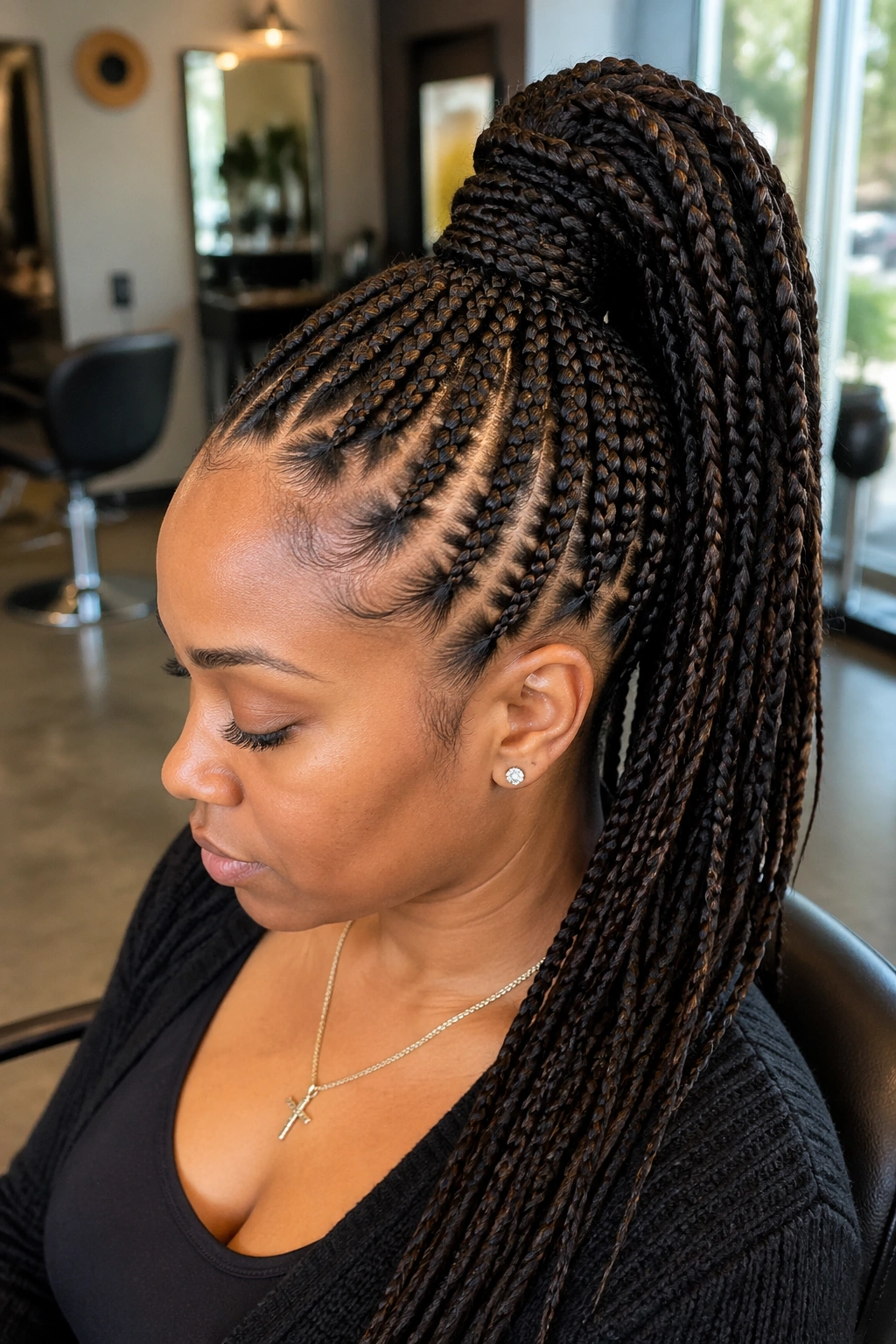 Close-up of a real woman with a classic high ponytail in medium box braids, high ponytail and wrapped base.