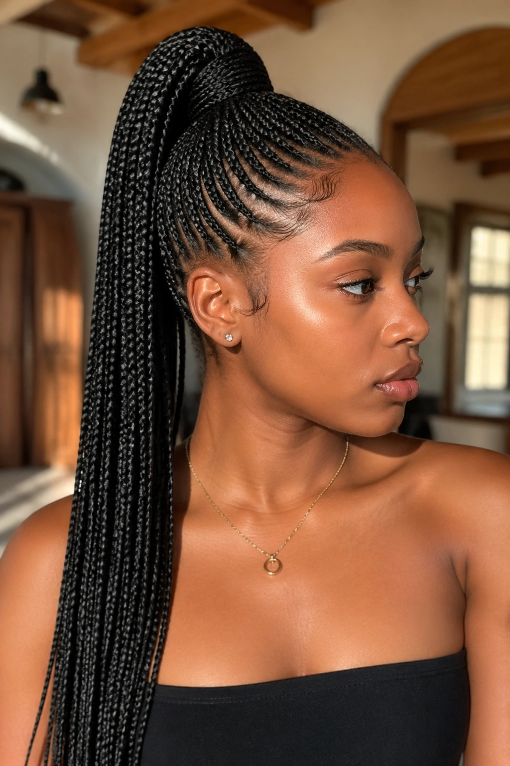 Close-up of a real person with a high sleek box braid ponytail, crown lifted and braids falling straight back