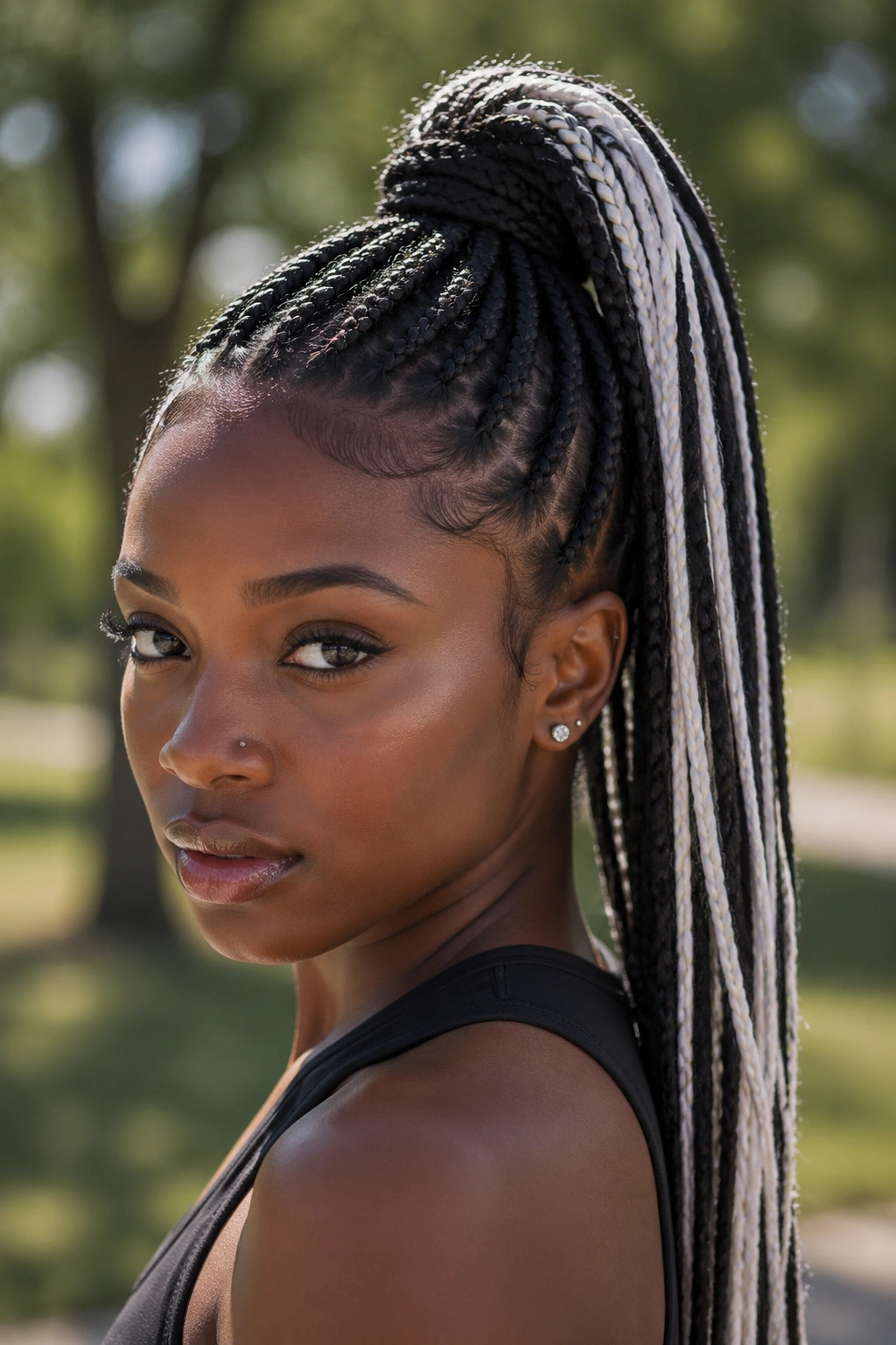 Close-up of a real woman with a high ponytail of box braids and white tail pieces