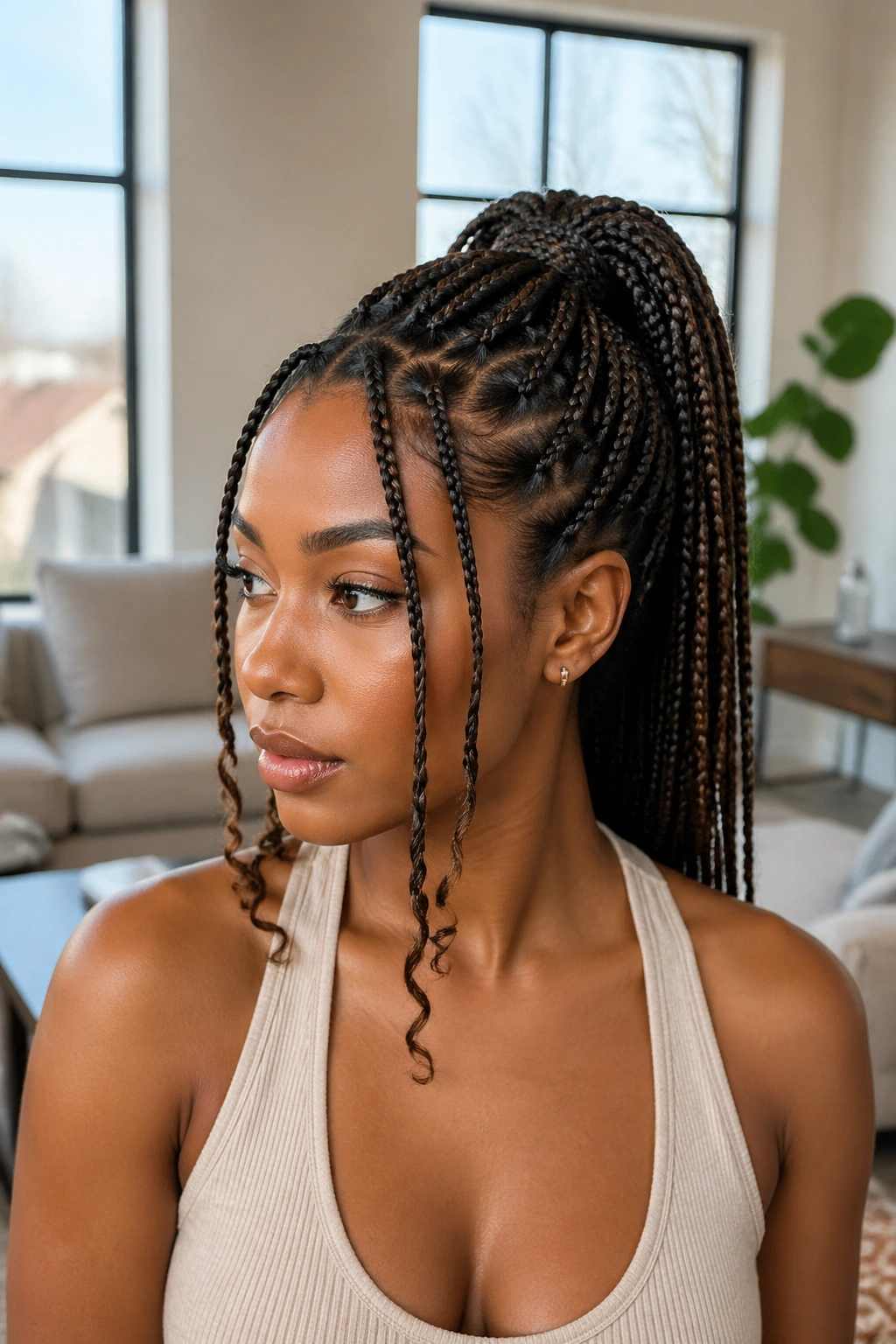 Real person with high ponytail and braided bangs in natural light