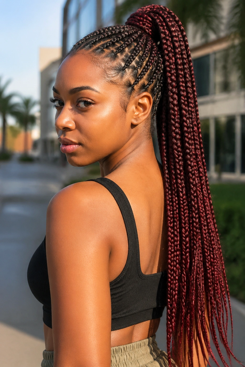 Portrait of a real woman with a high ponytail of brown and red knotless braids