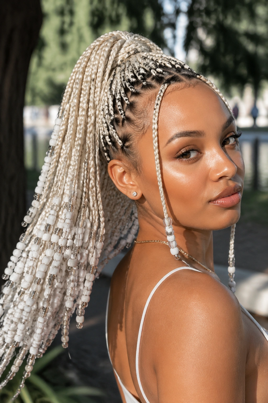 Close-up of a real woman with a high ponytail of white box braids and beads outdoors